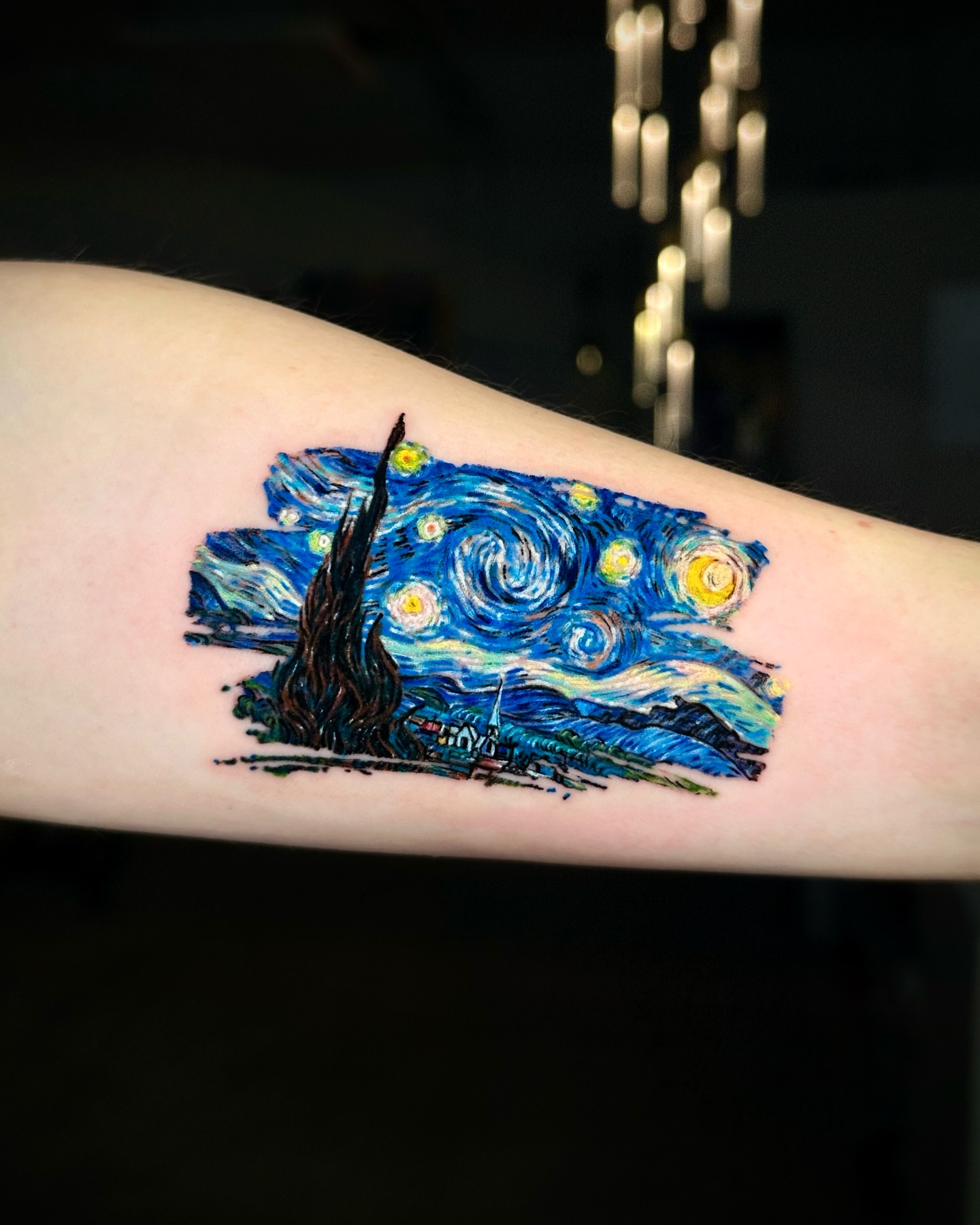 Starry night dotwork tattoo on the forearm by Lani  라니