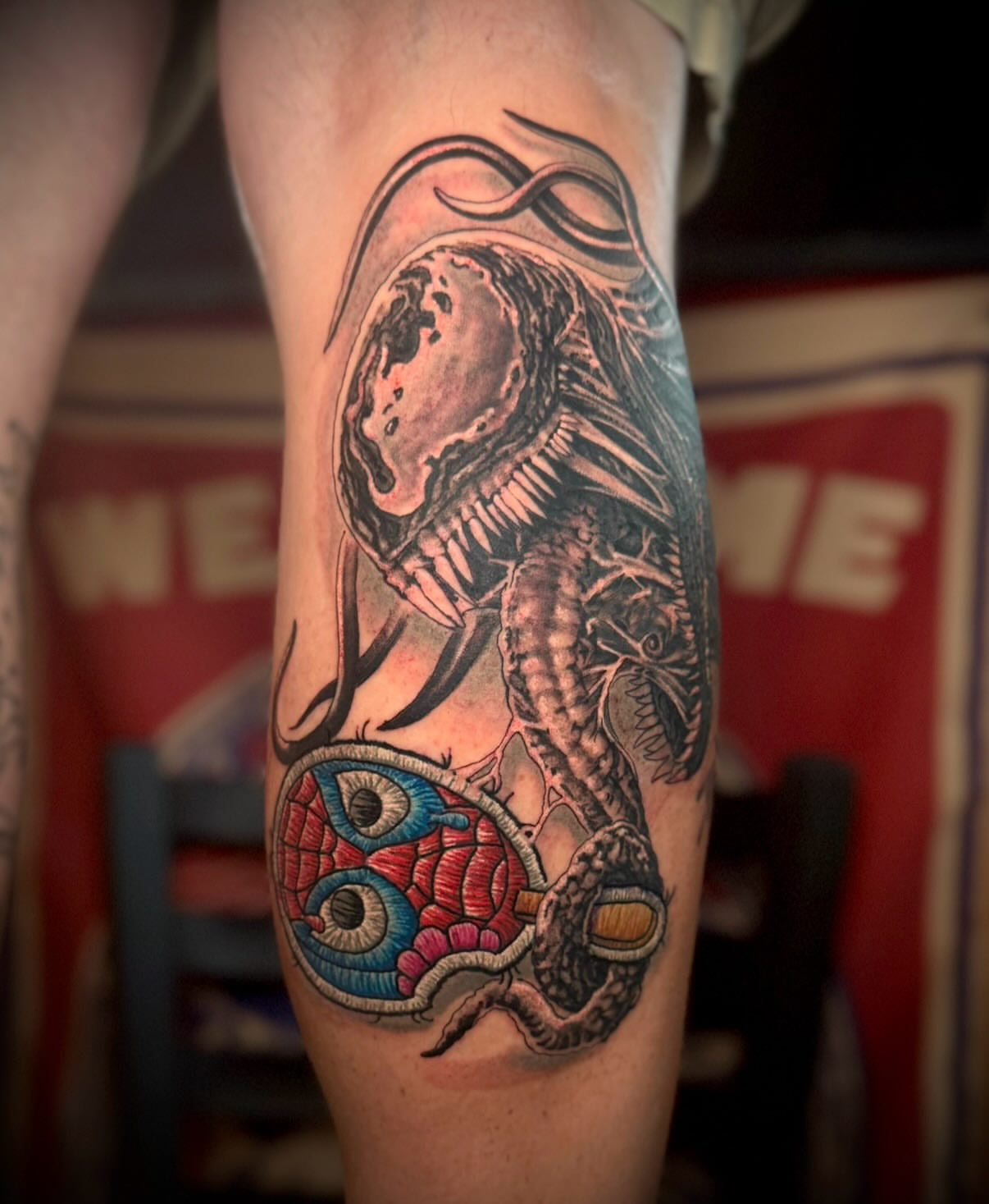 Alien creature dark realism tattoo on the forearm by 𝐖𝐄𝐒
