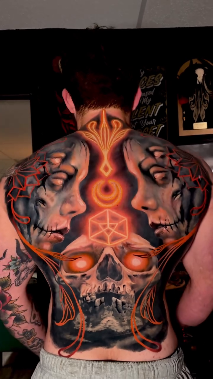 Skull with faces and pentagram dark realism tattoo by Matt Vaught π Dark Surrealism