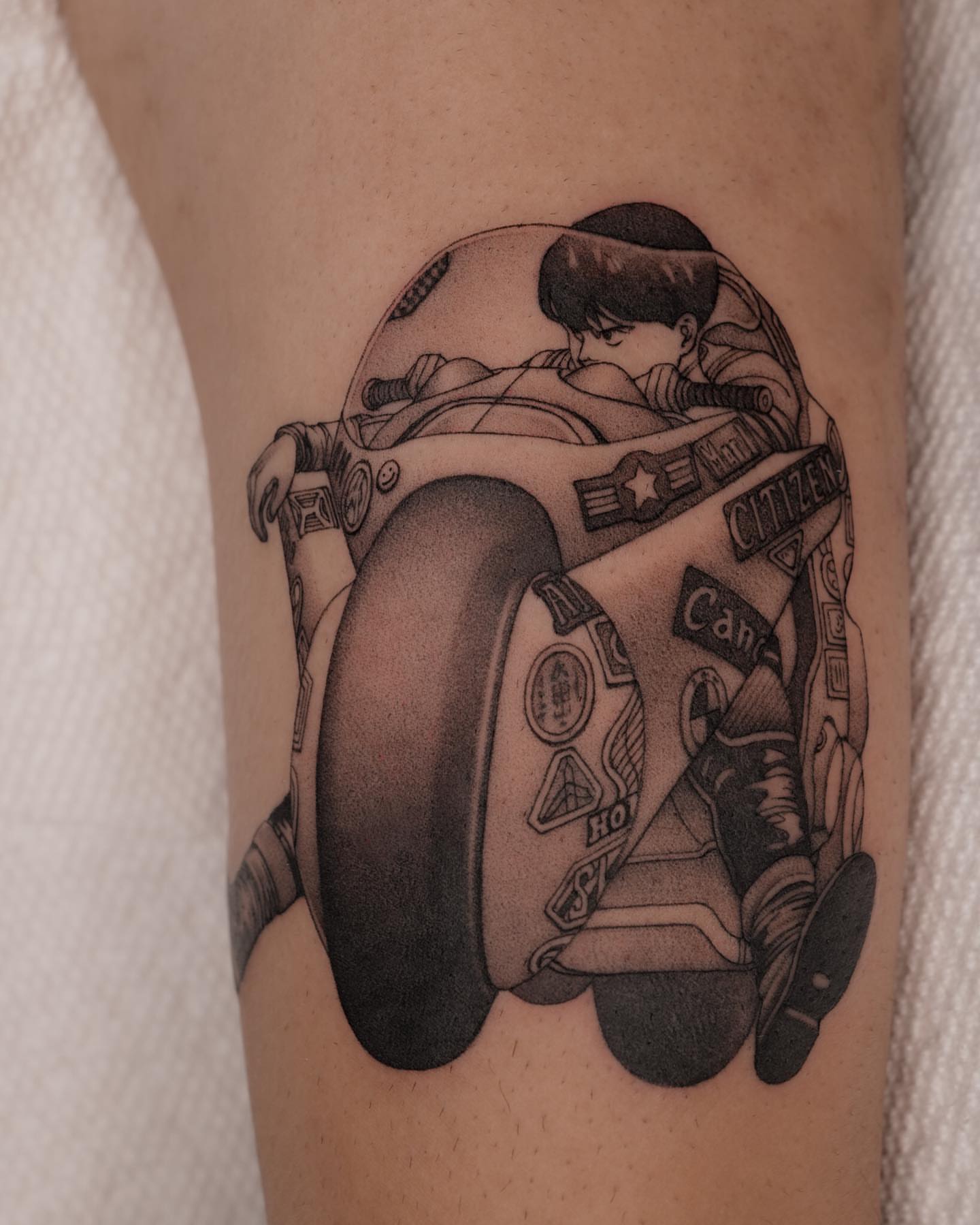Motorcycle rider realism tattoo on the forearm by Jason Lu ✪