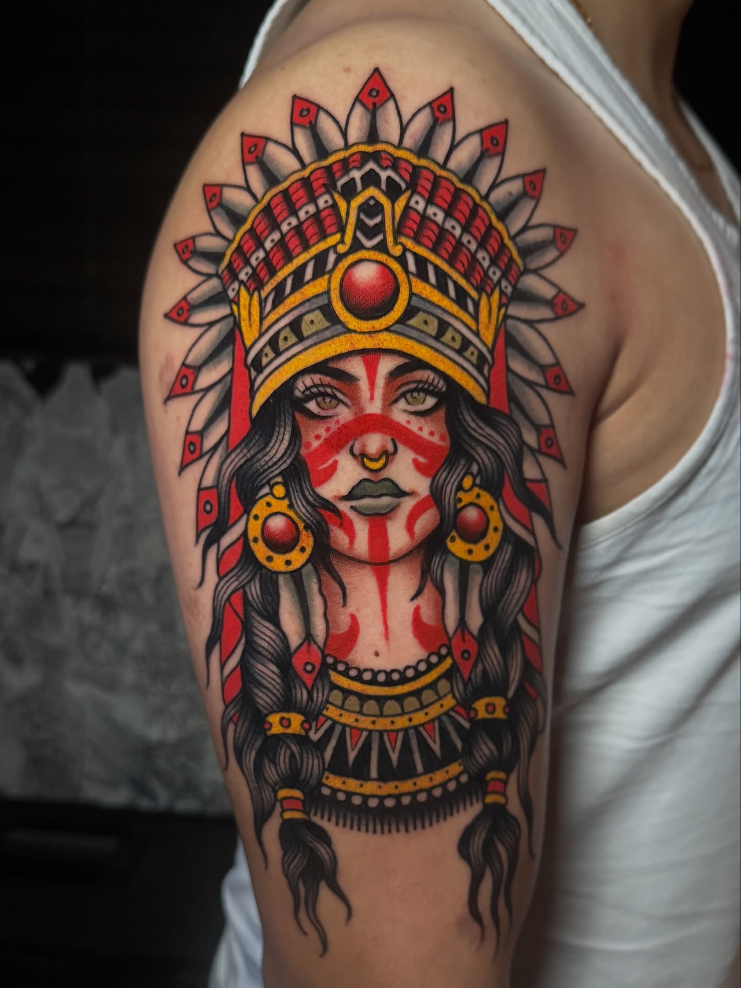 Indian headdress American traditional tattoo on the shoulder by K y l e   M a c K e n z i e, Salem, Massachusetts
