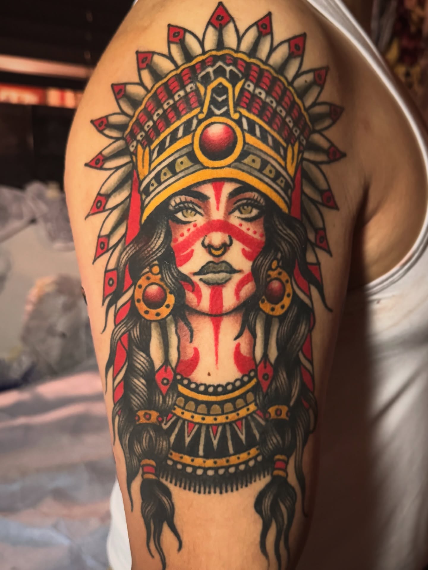 Indian chief American traditional tattoo on the forearm by K y l e   M a c K e n z i e, Salem, Massachusetts