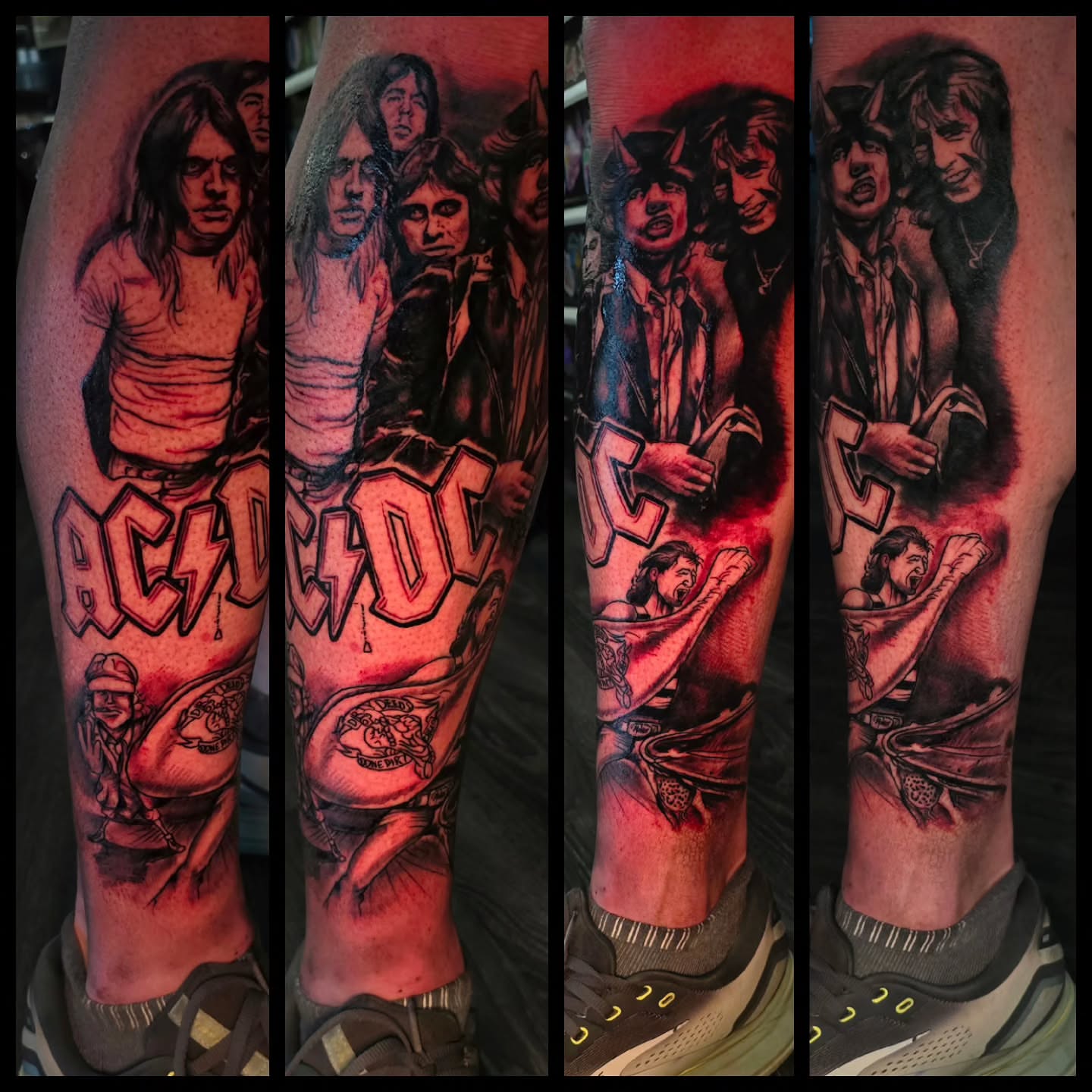 AC/DC band members realism tattoo on the forearm by Drew Siciliano, Glendale, Arizona