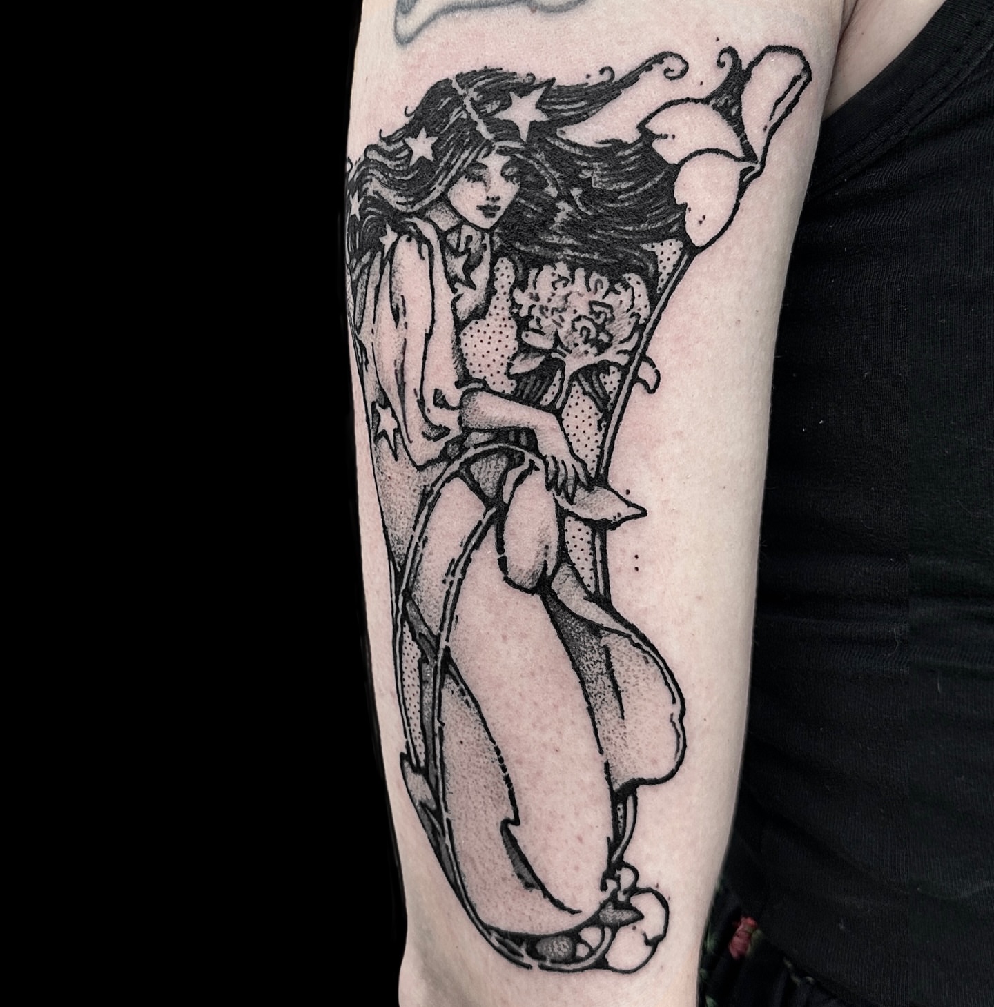 Mermaid dotwork tattoo on the forearm by Madeline Brown
