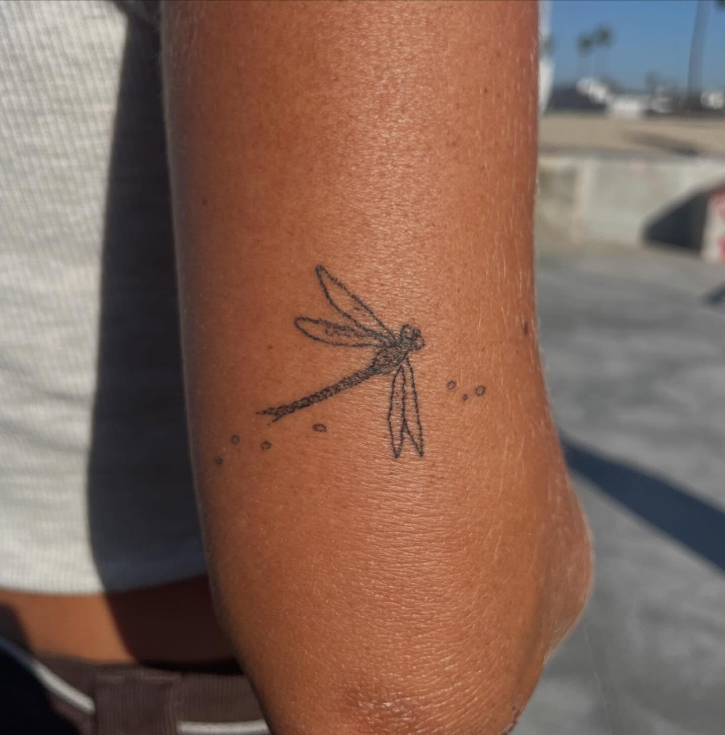 Dragonfly dotwork tattoo on the forearm by Alyssa