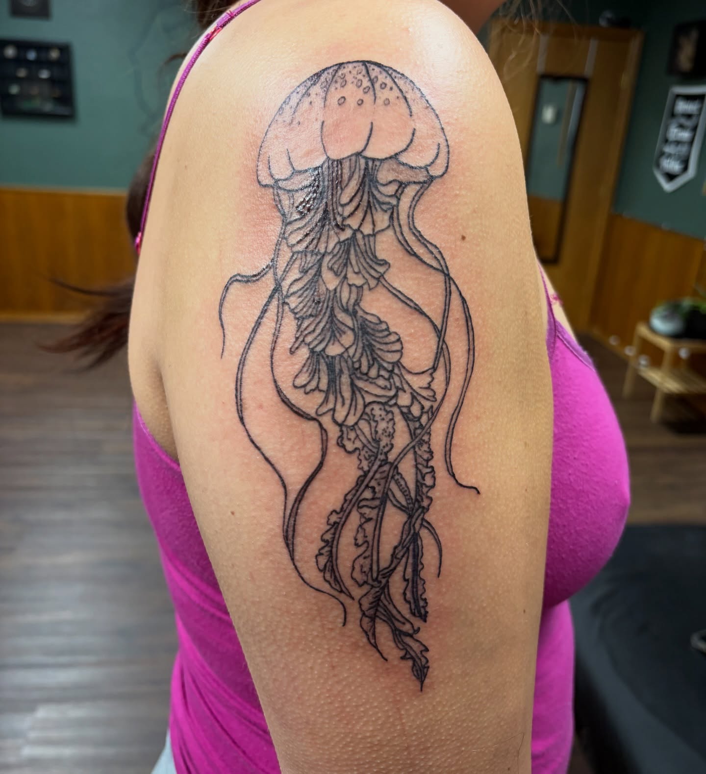 Jellyfish black and grey tattoo on the shoulder by Michelle
