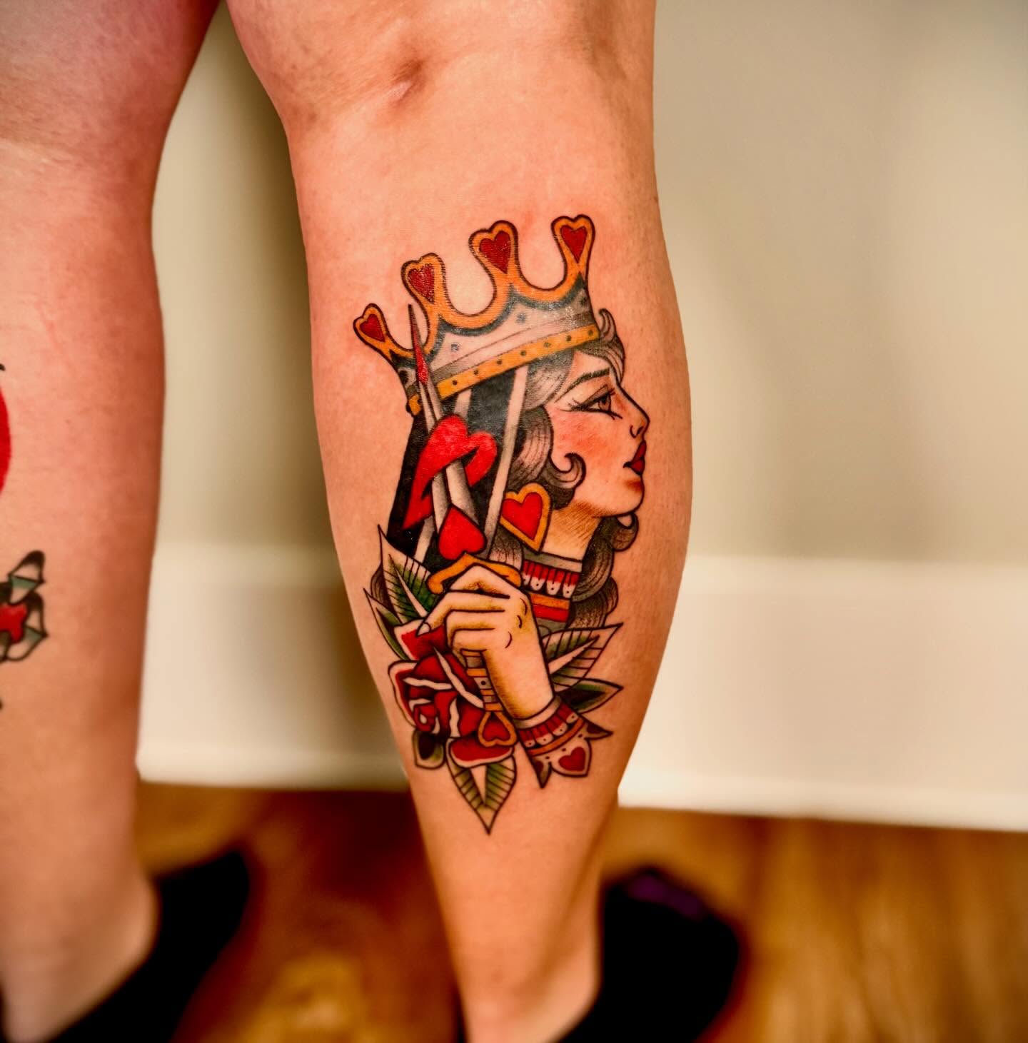 Queen of hearts American traditional tattoo on the forearm by Lalo ink