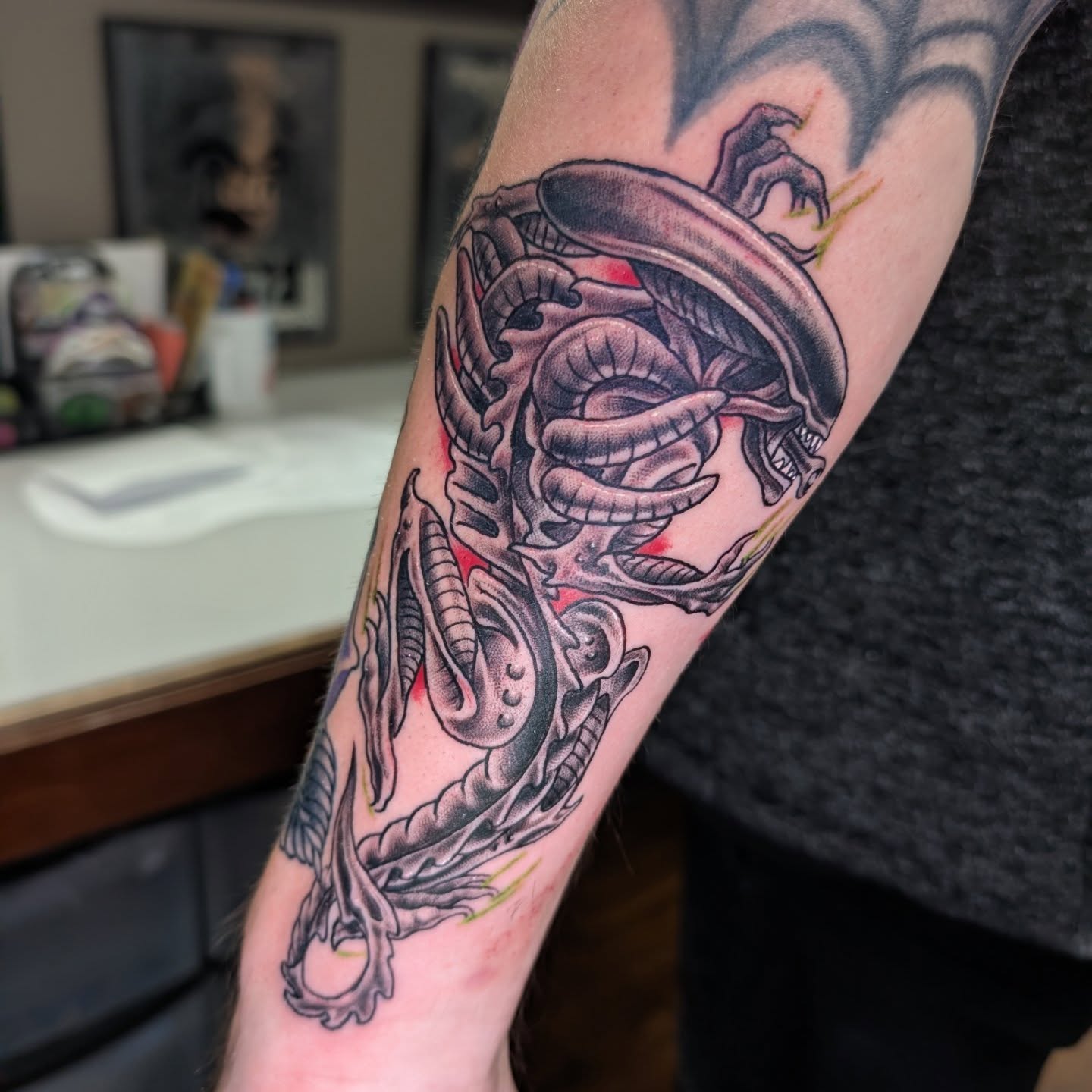 Alien xenomorph realism tattoo on the forearm by Will Alexander, Lombard, Illinois