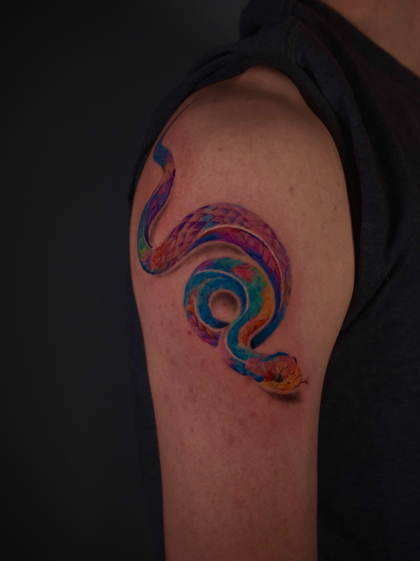 Snake watercolor tattoo on the shoulder by AL 777, Denton, Texas