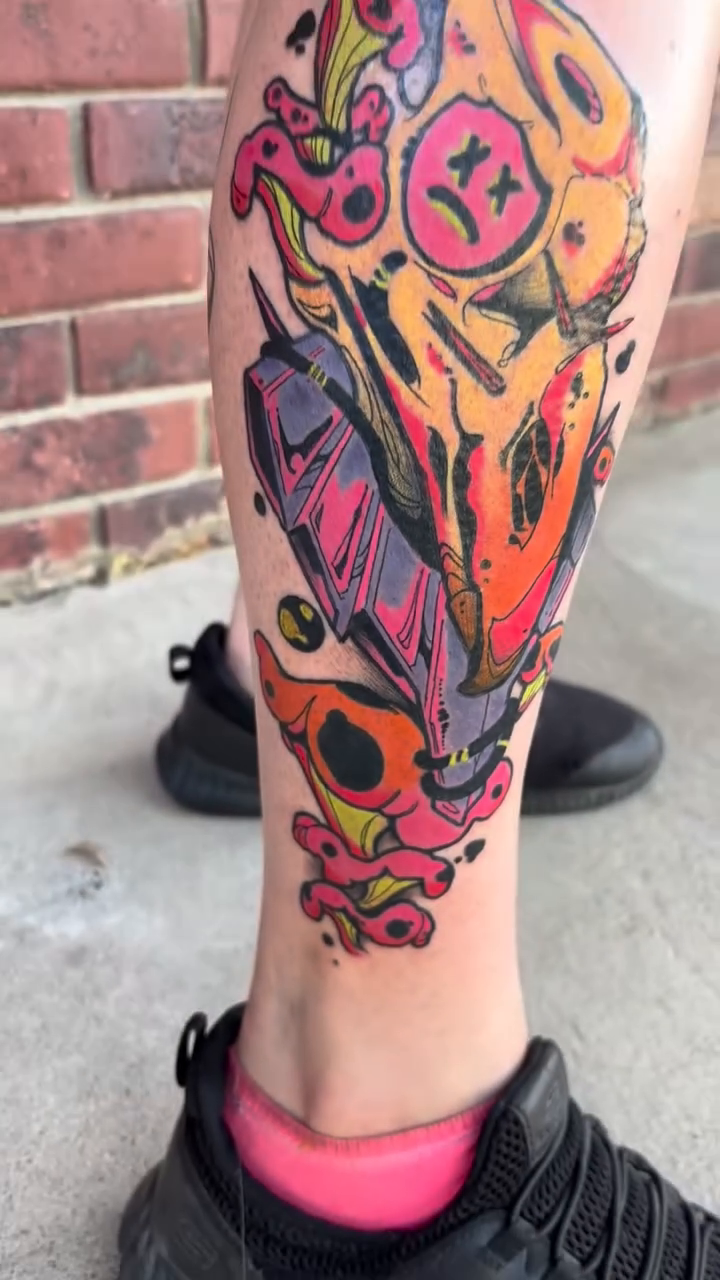 Skull with flowers new school tattoo by Ghost Ham Tattoos
