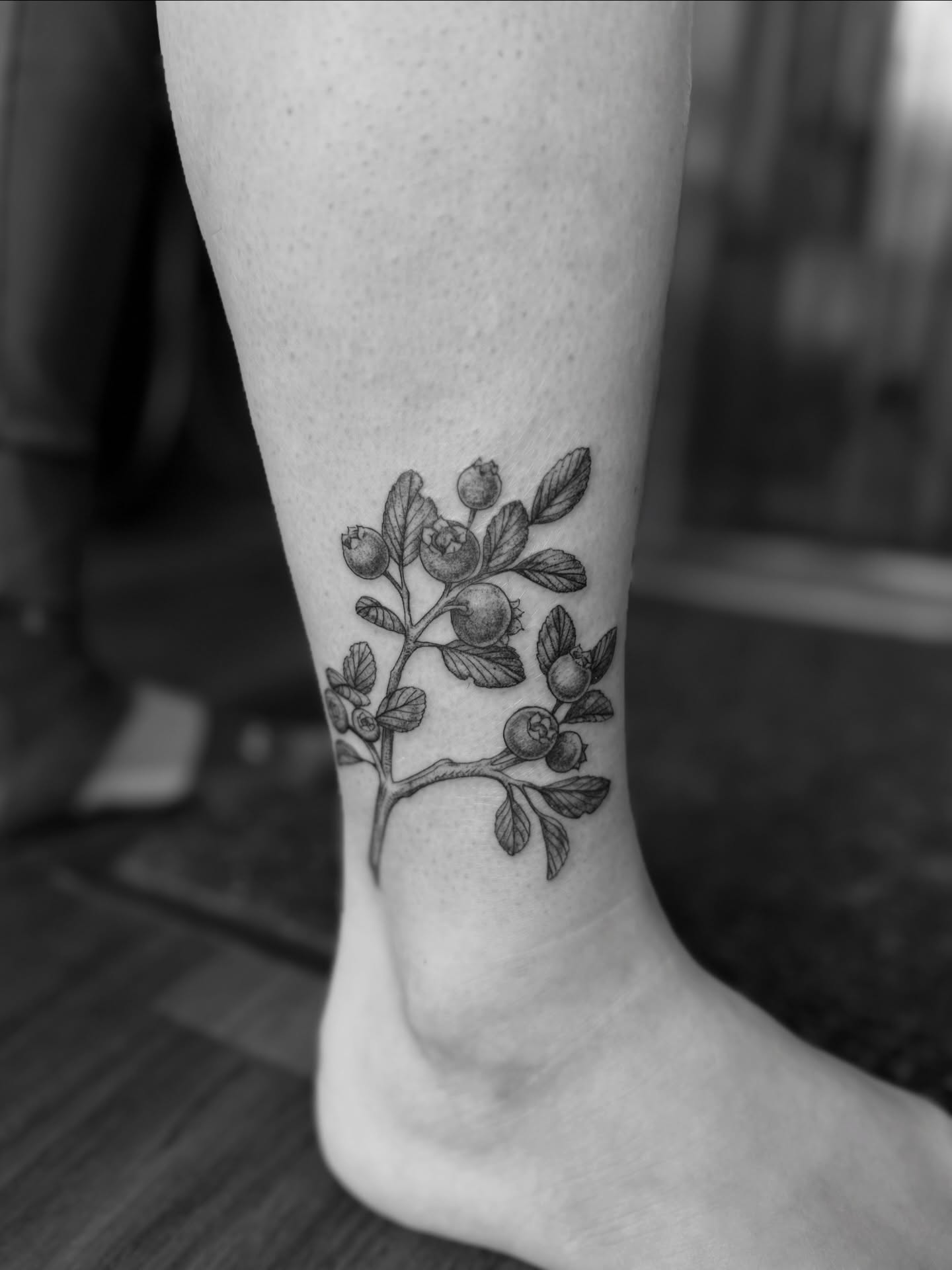 Blueberry branch black and grey tattoo on the calf by Alex Brooke