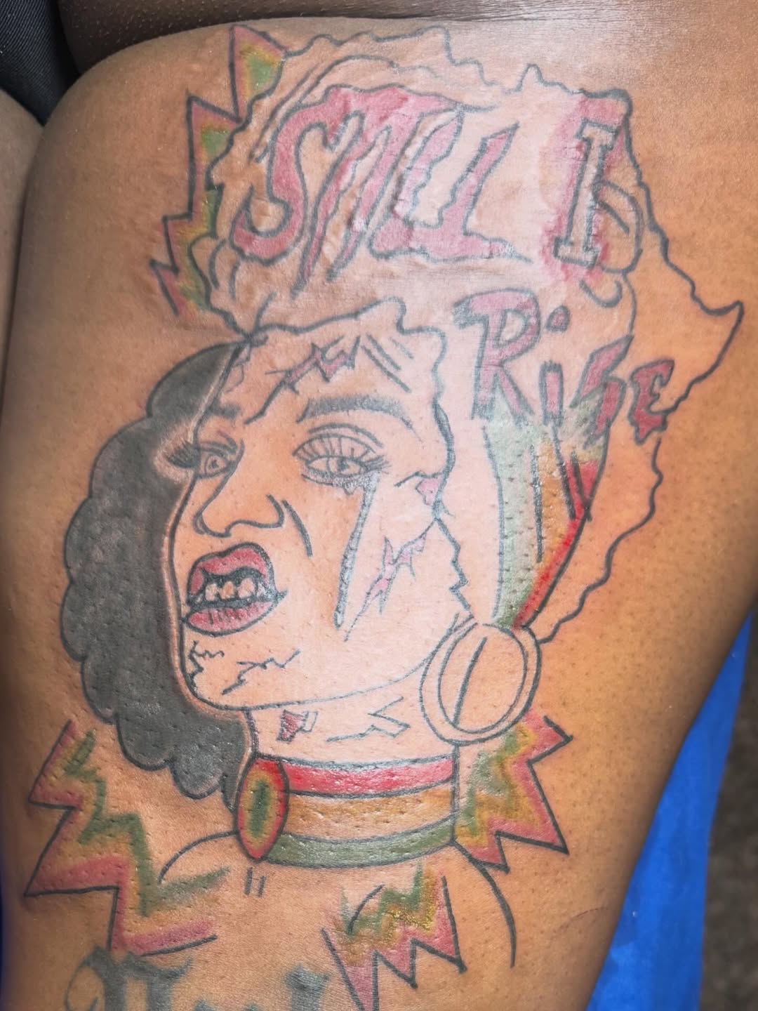 Portrait with text tattoo on the thigh by Family and Loyalty