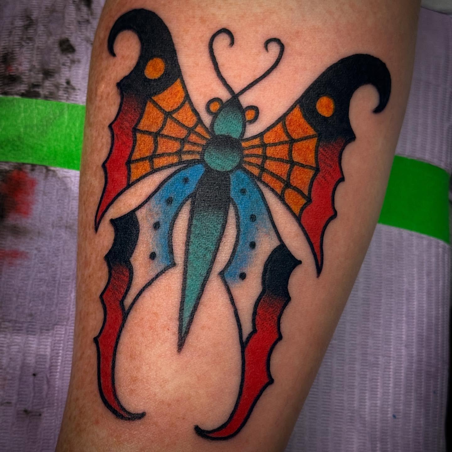 Butterfly American traditional tattoo on the forearm by 🕸curtis Fink🕸