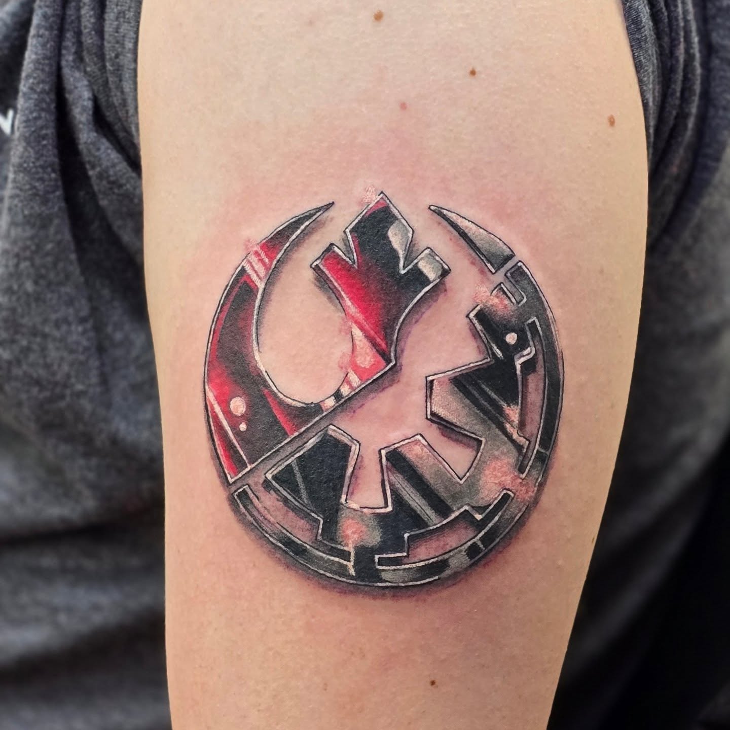 Peace symbol geometric tattoo on the forearm by Steve Atkinson Tattoo Artist