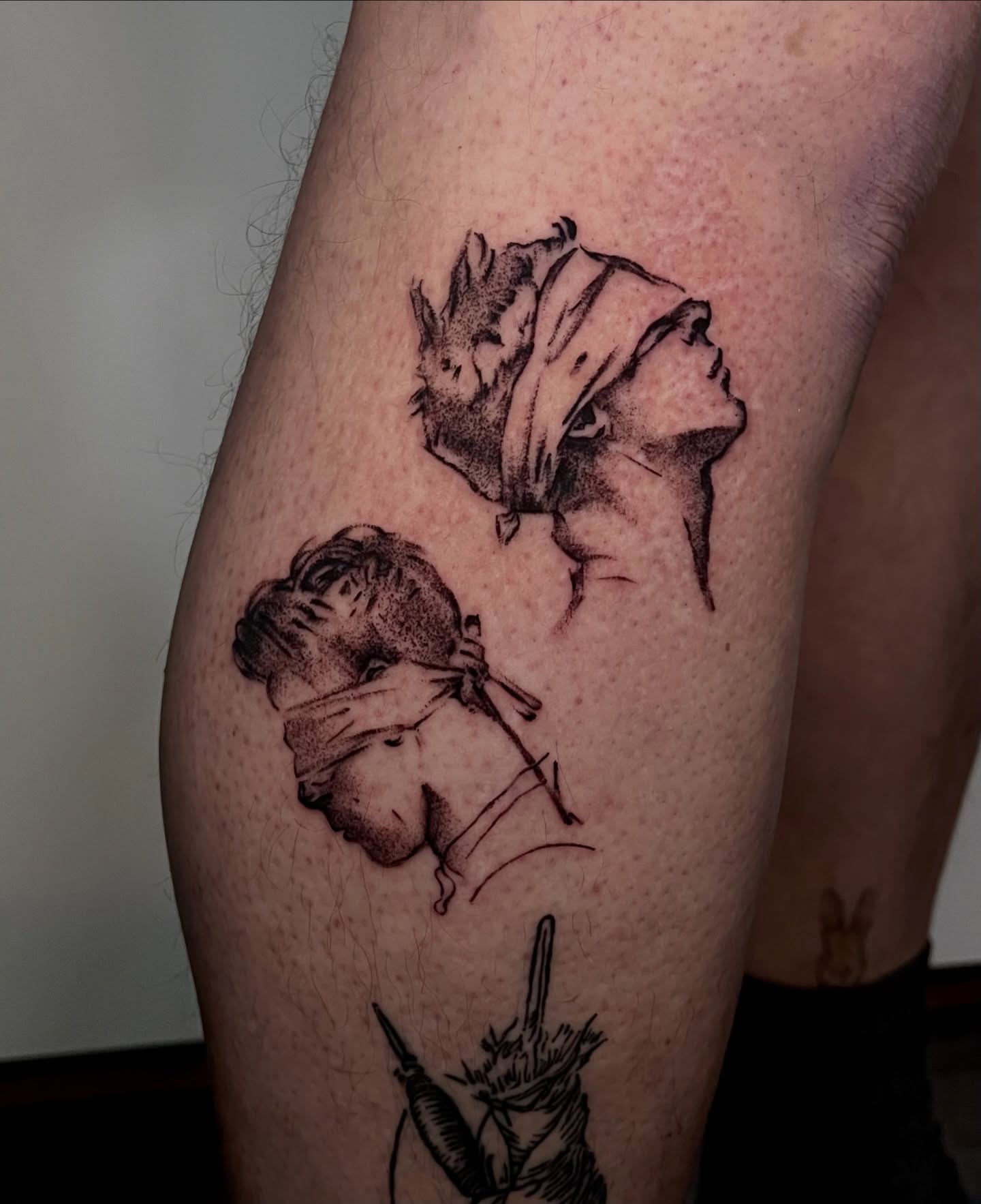 Blindfolded figures dotwork tattoo on the thigh by ˖.𖥔 ݁˖anna hoffman˖ ⊹ ࣪ ˖, Salt Lake City, Utah