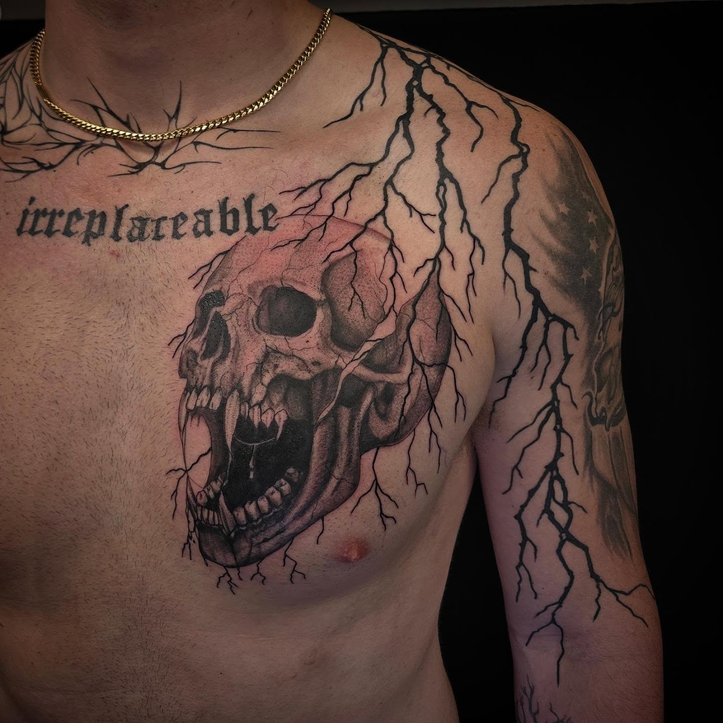Skull realism tattoo on the chest by Linda Marroum, Morningside, Maryland