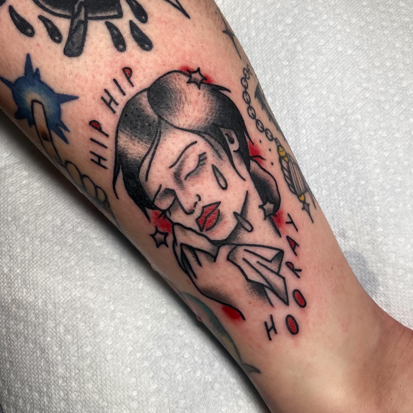 Woman sleeping American traditional tattoo on the forearm by ππππππππ