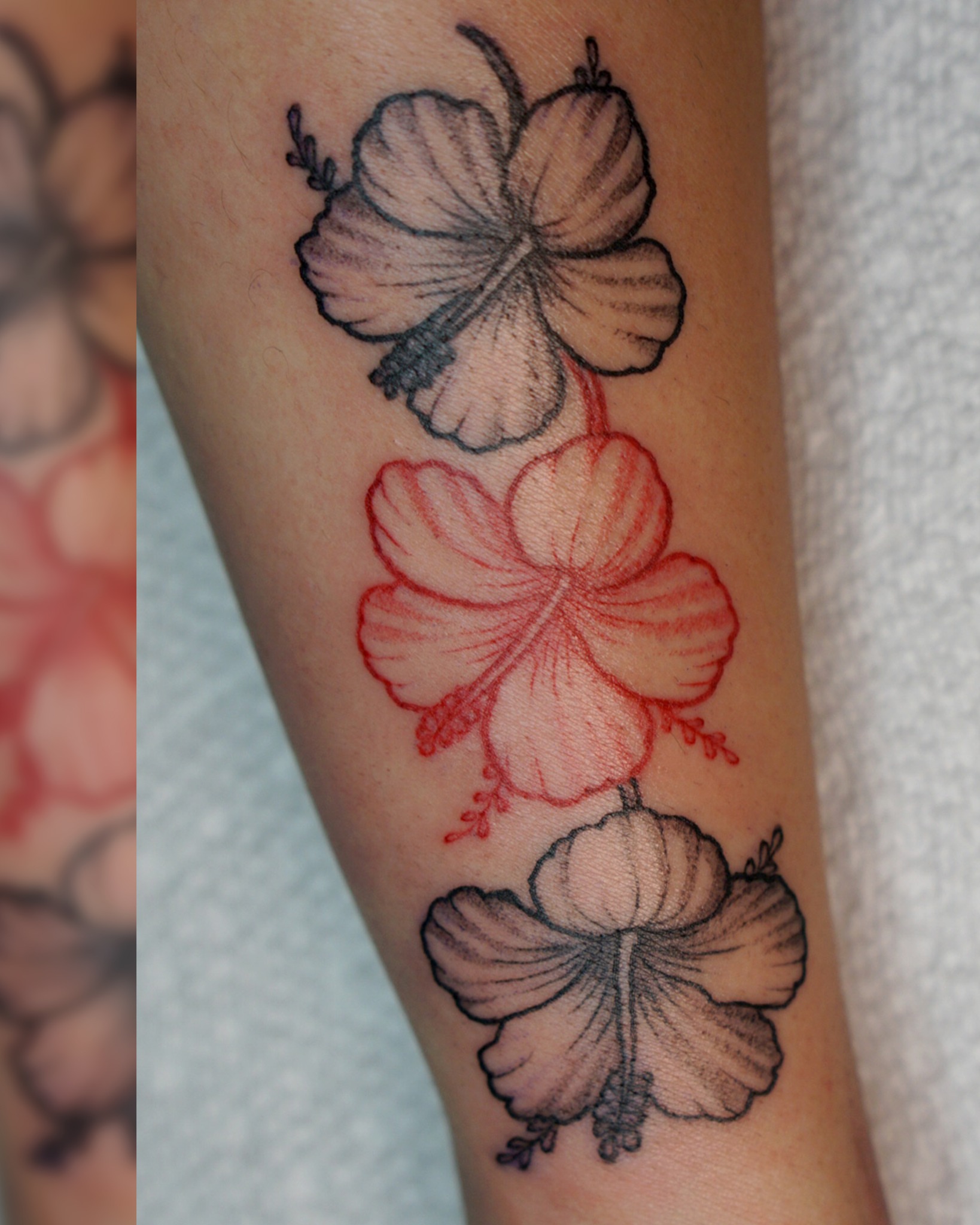 Hibiscus flowers dotwork tattoo on the forearm by San Diego Color Realism and Neotraditional