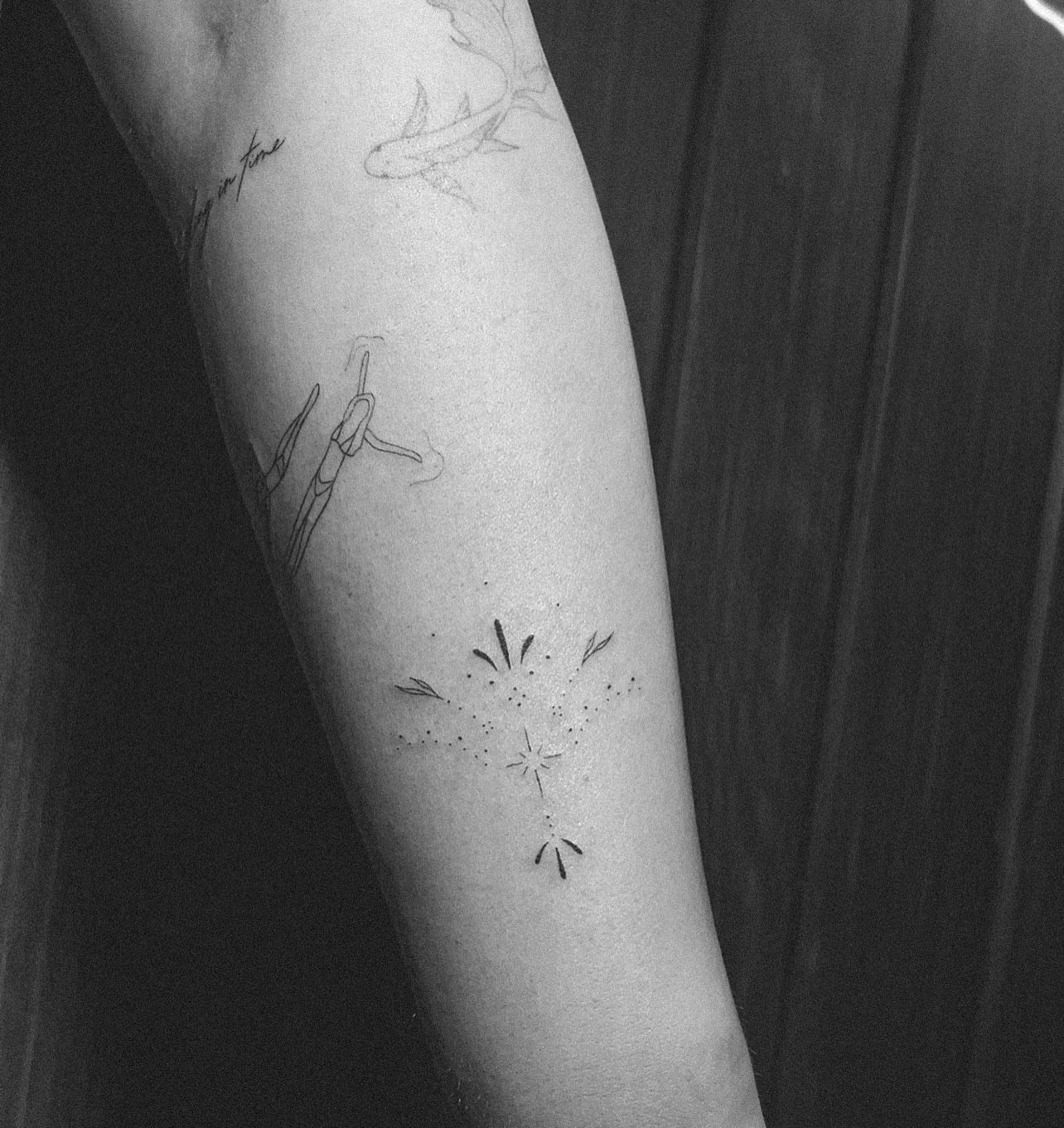 Dandelion seed cluster dotwork tattoo on the forearm by chloe ☼, Tacoma, Washington
