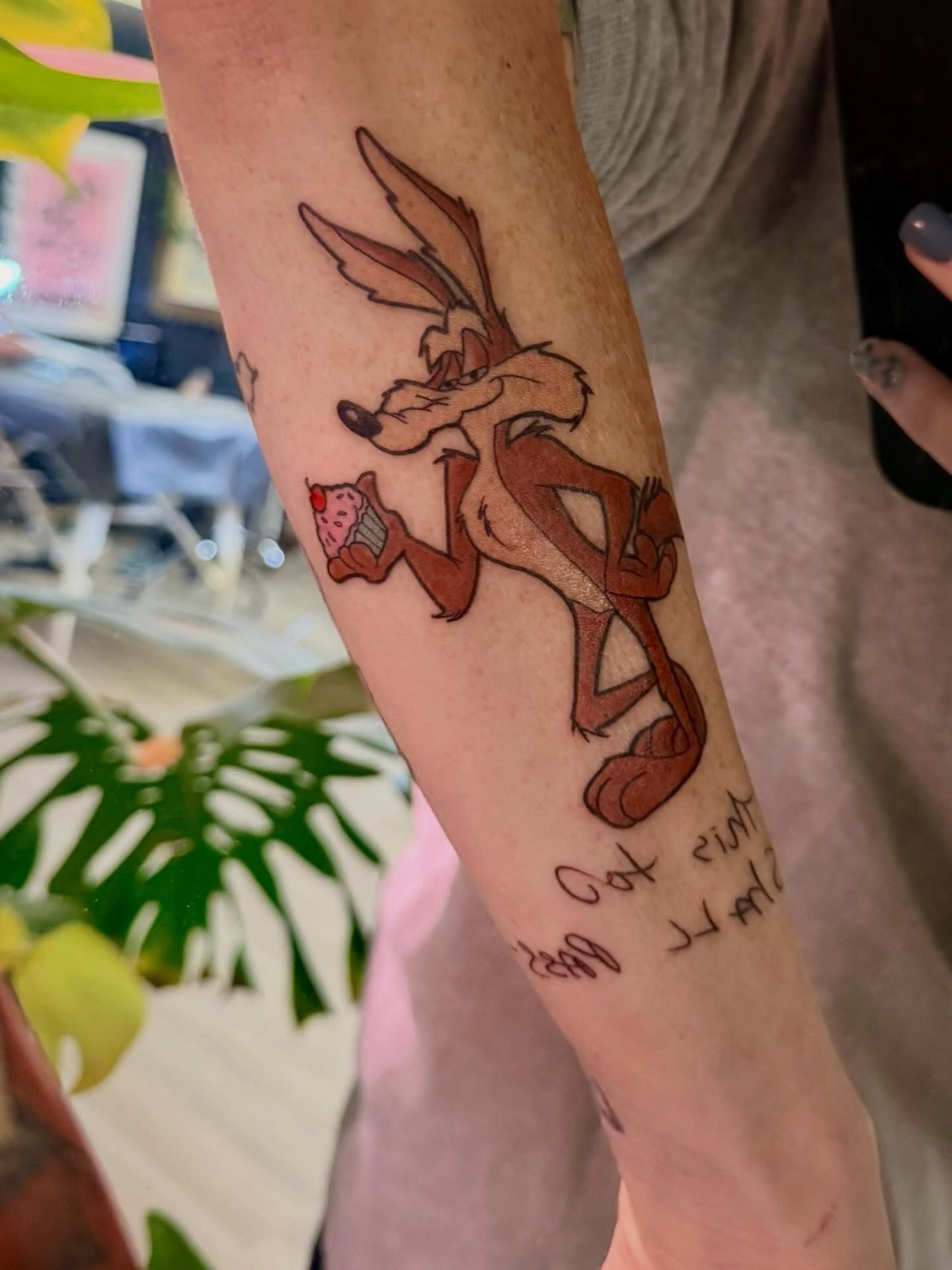 Wile_e_coyote black and grey tattoo on the forearm by ๐ต๐๐๐ ๐ฐ๐๐๐