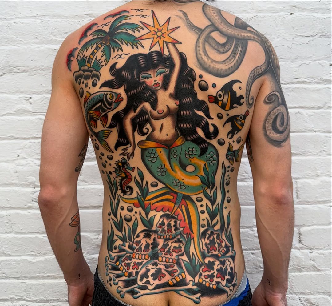 Mermaid with skulls and sea life neo-traditional tattoo on the back by Victoria Lagano NYC Traditional Tattoos