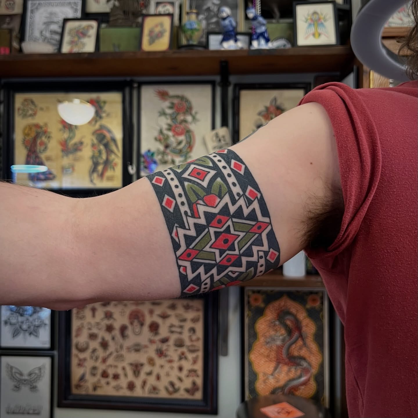 Geometric pattern American traditional tattoo on the forearm by Brian Visser