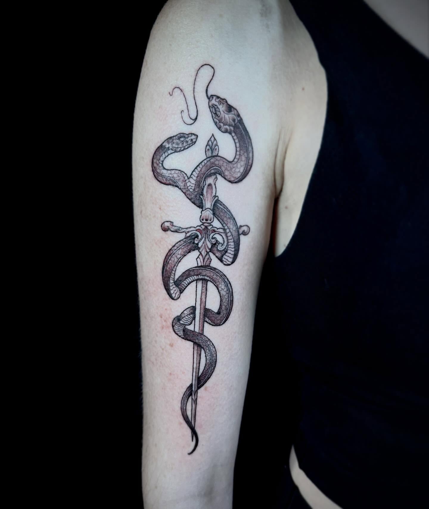 Caduceus black and grey tattoo on the forearm by 🏵