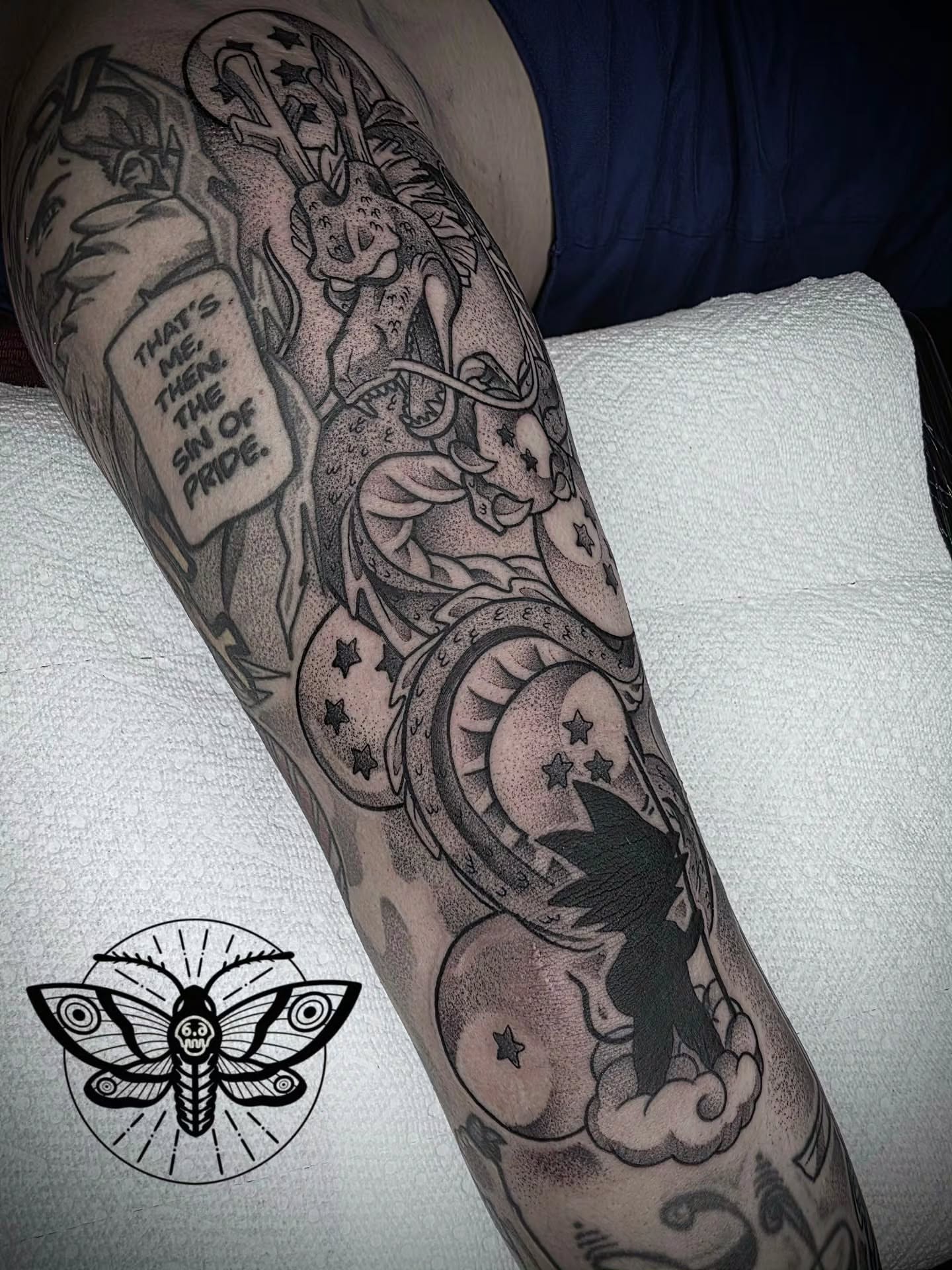 Angel and speech bubble dotwork tattoo on the forearm by Danny, San Luis Obispo, California