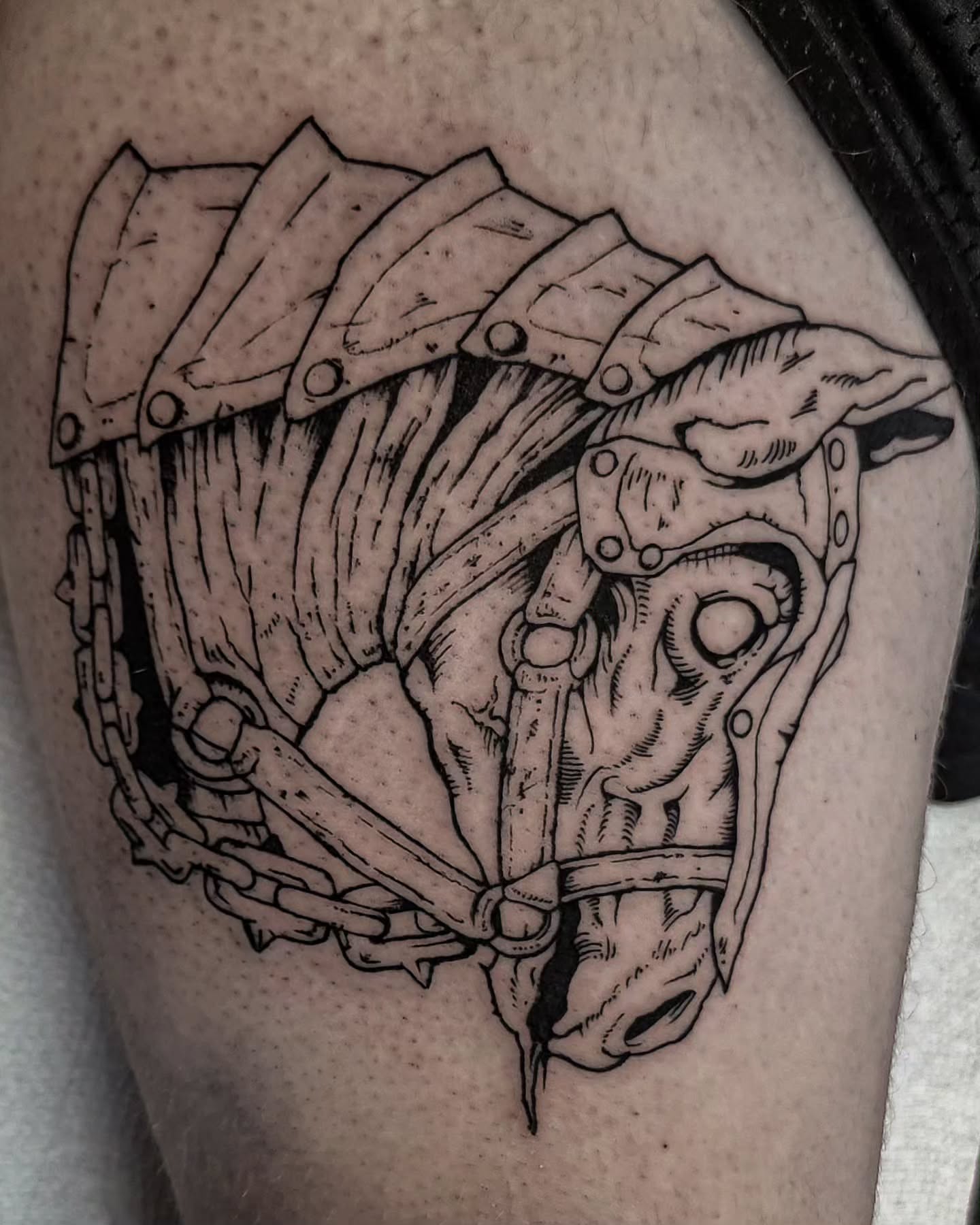 Horse skull realism tattoo on the thigh by Luca