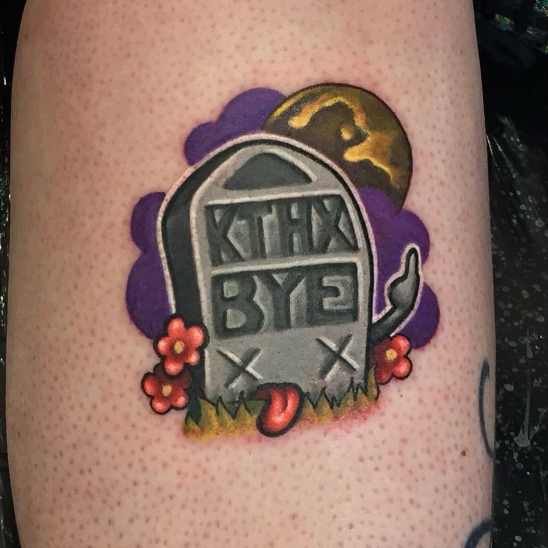 Grave marker American traditional tattoo on the thigh by Lindsay Hall
