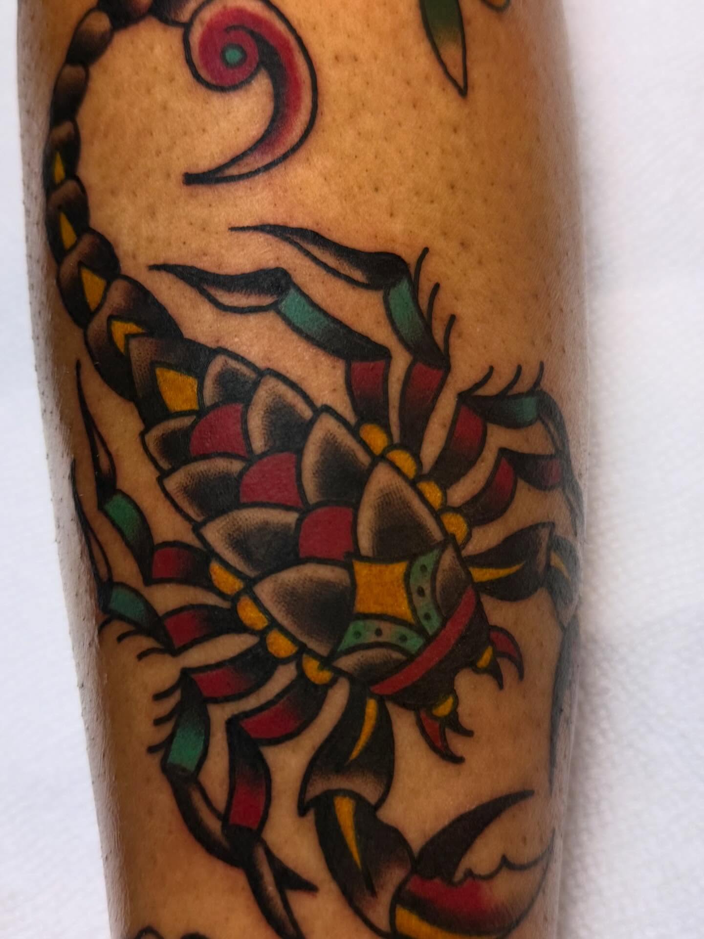 Scorpion American traditional tattoo on the forearm by Shelby