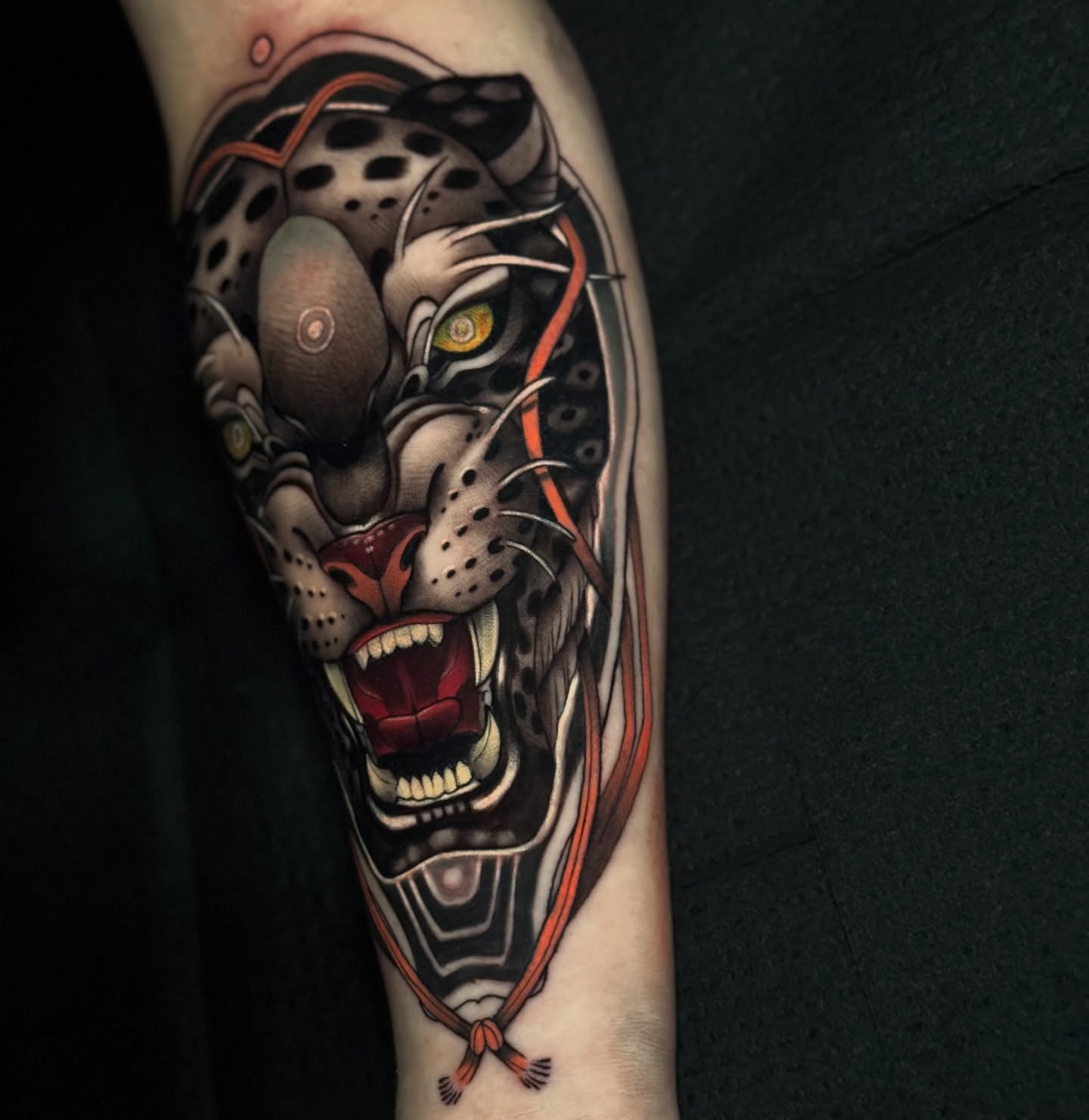 Leopard realism tattoo on the forearm by Jaxx Kesler