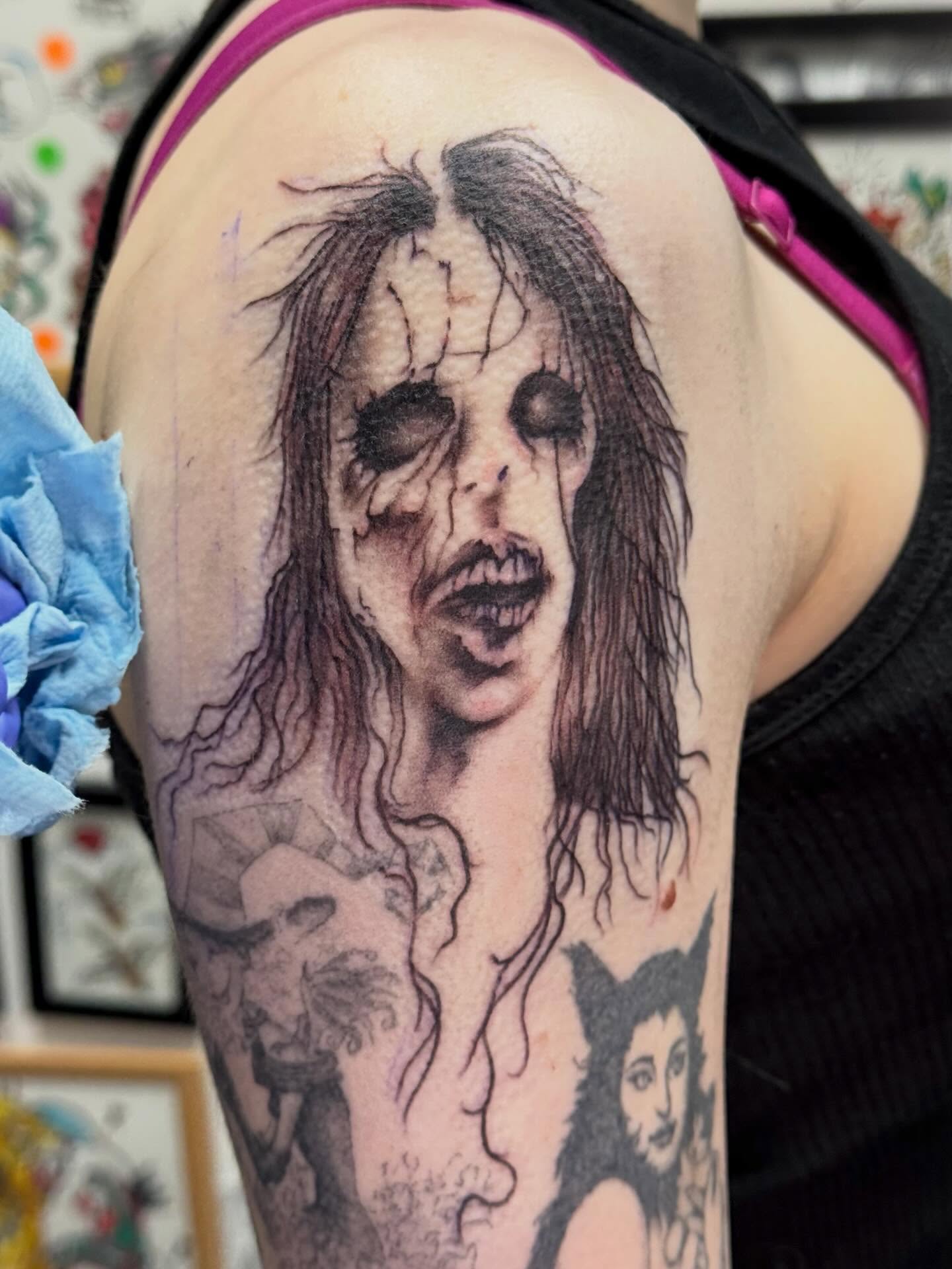 Horror character realism tattoo on the shoulder by Bradleigh Pretti🌟