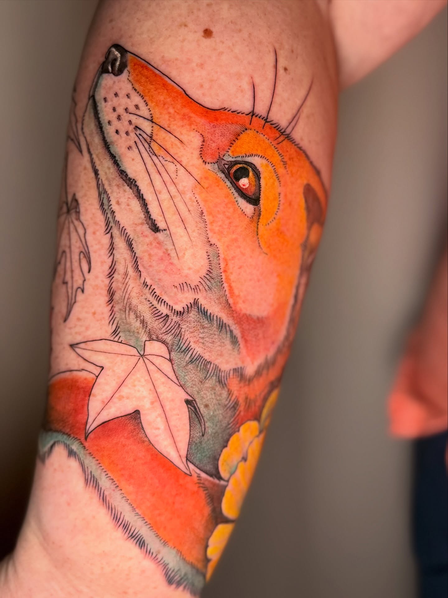Fox dotwork tattoo on the forearm by Lydia Jude