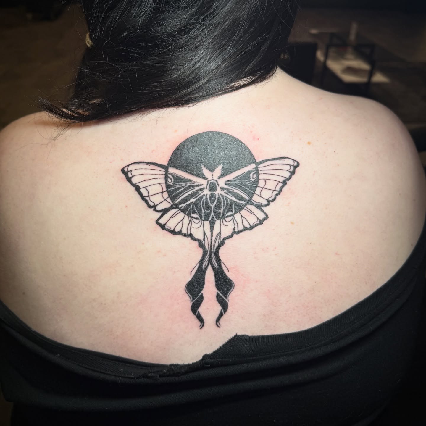 Moth geometric tattoo on the back by 🌸Blossom🌸