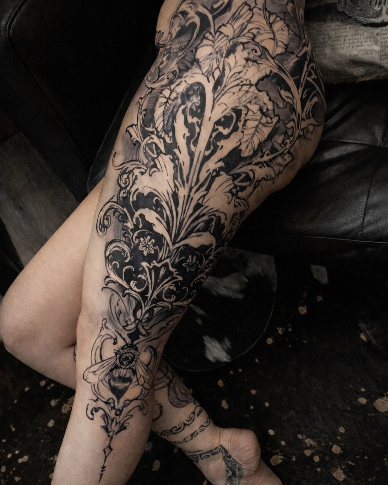 Floral pattern ornamental tattoo on the forearm by David Garner, Los Angeles, California