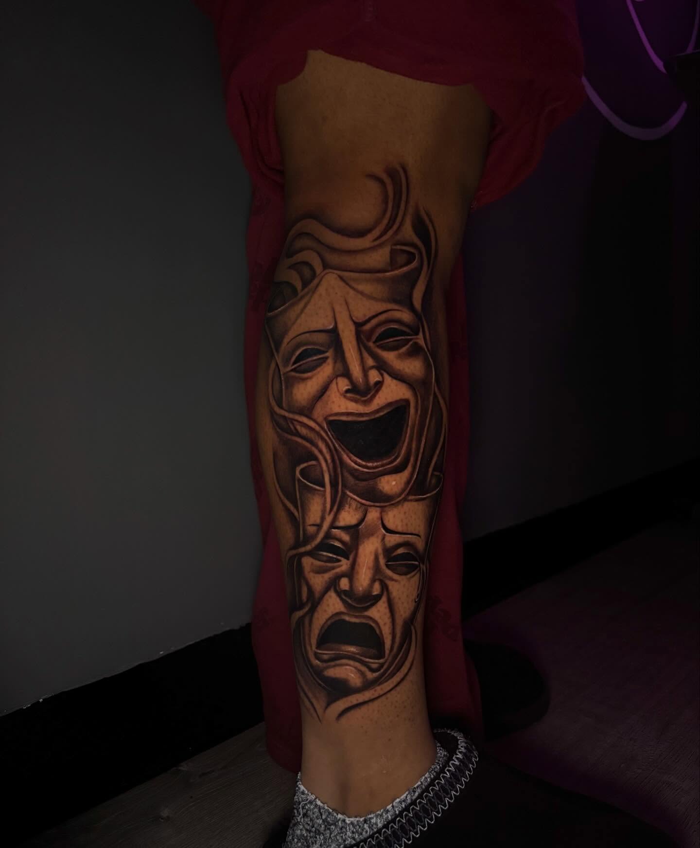 Theater masks realism tattoo on the forearm by ππππππ