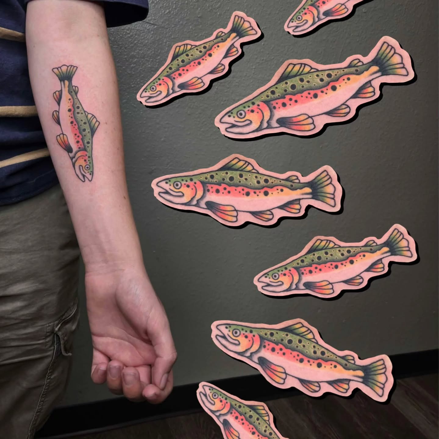 Rainbow trout American traditional tattoo on the forearm by alec