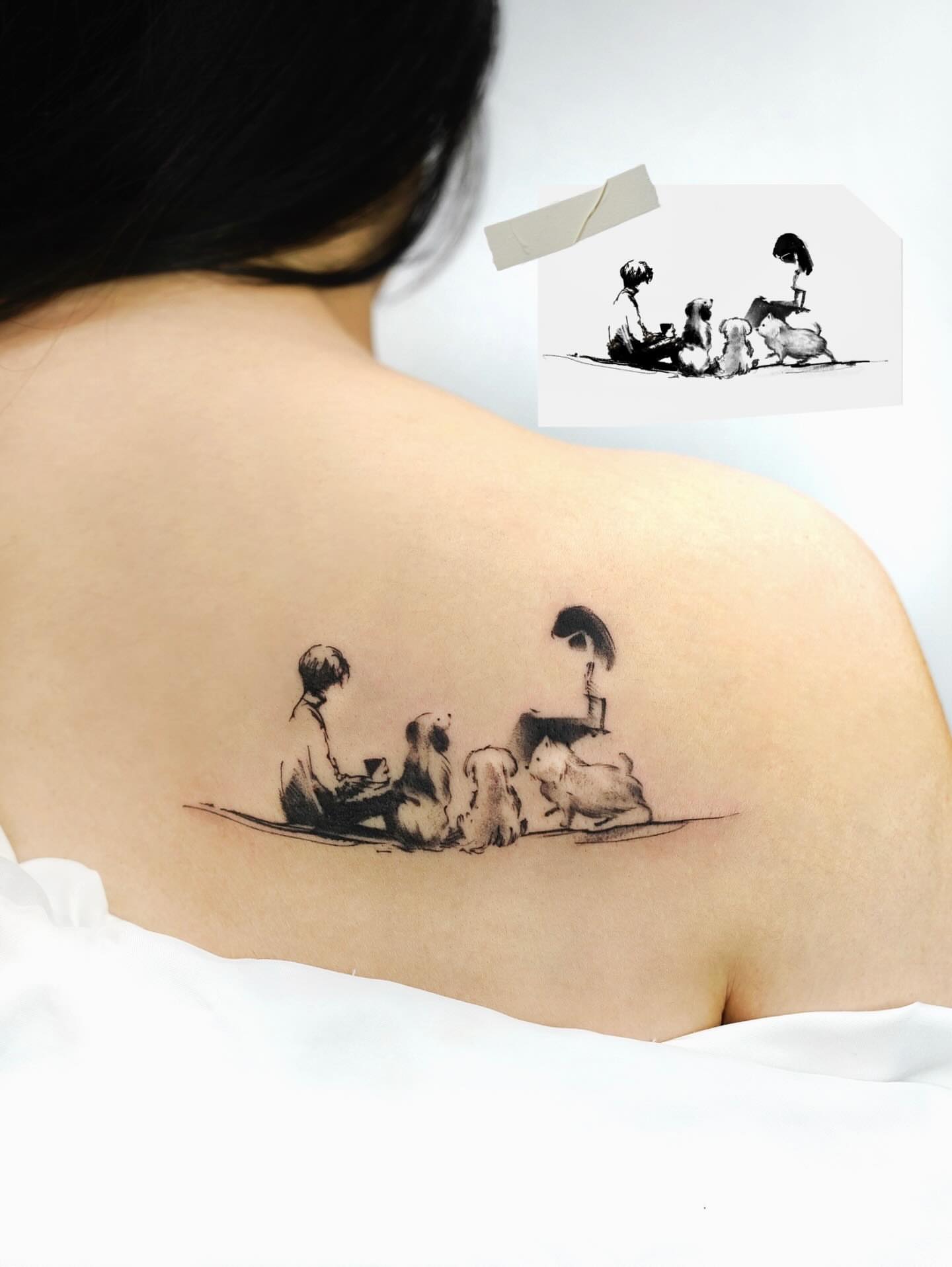 Family scene black and grey tattoo on the back by 초현실과 현실 그 사이를 그리다.