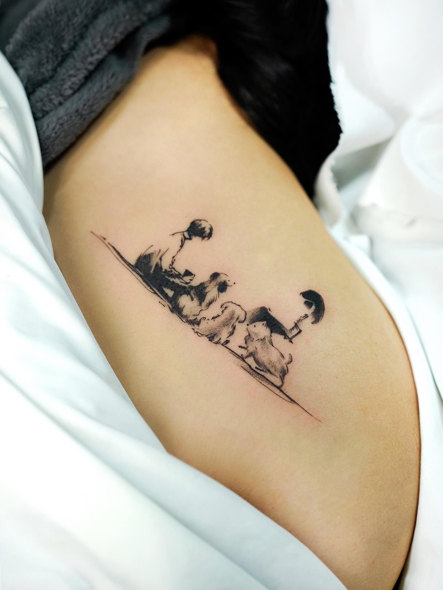 Children playing black and grey tattoo on the thigh by 초현실과 현실 그 사이를 그리다.