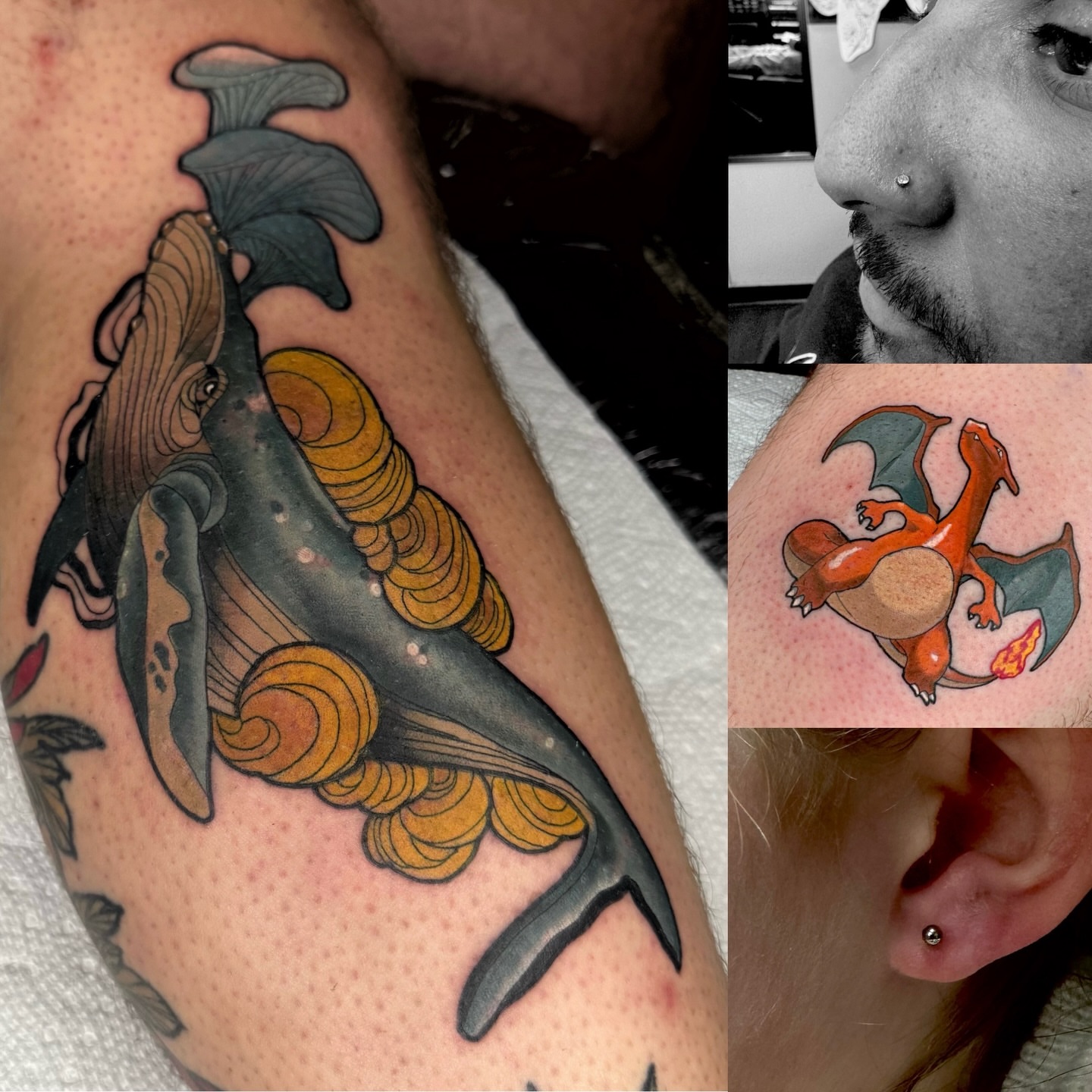 Whale and waves American traditional tattoo on the upper arm by Brett Brown