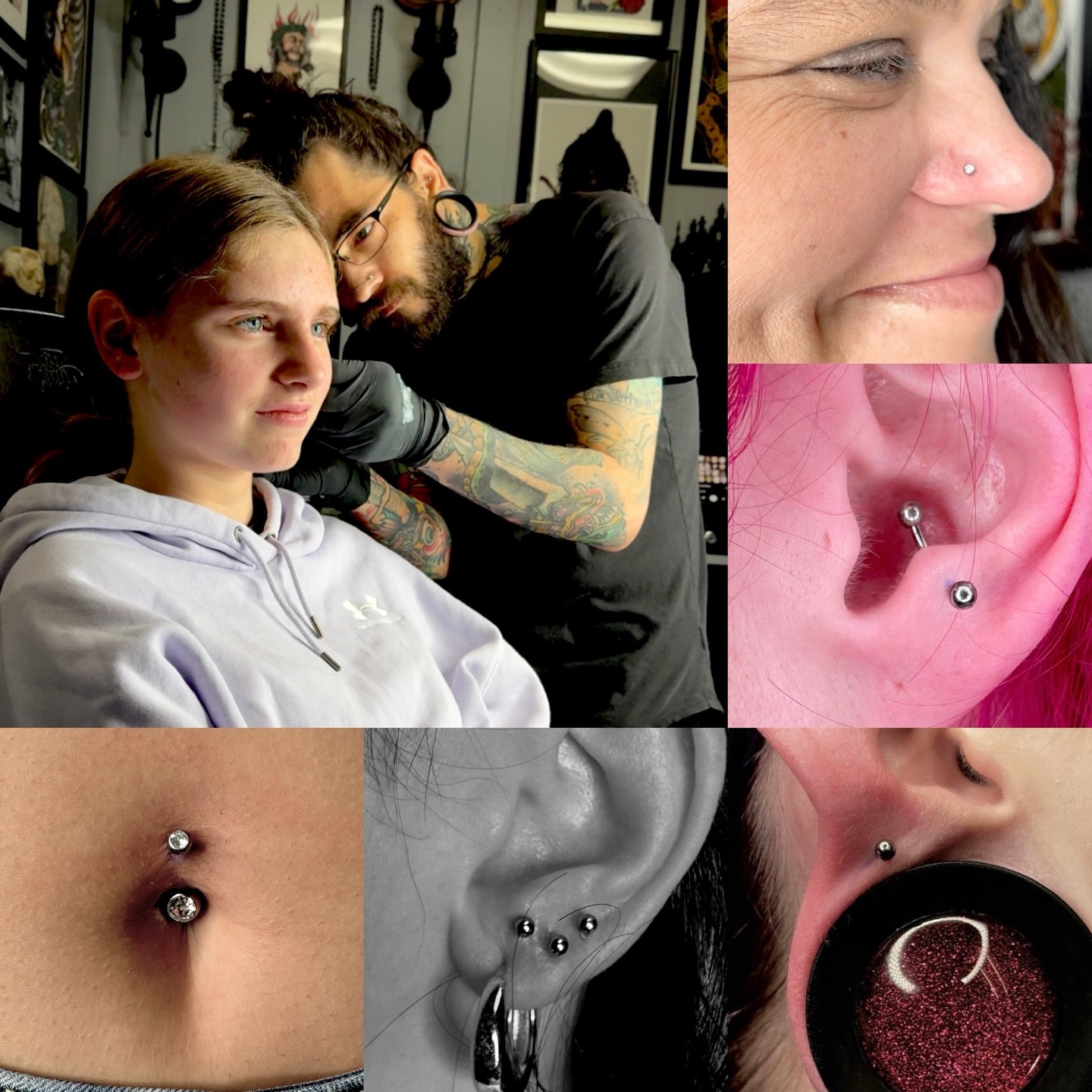 Ear piercing black and grey tattoo by Brett Brown