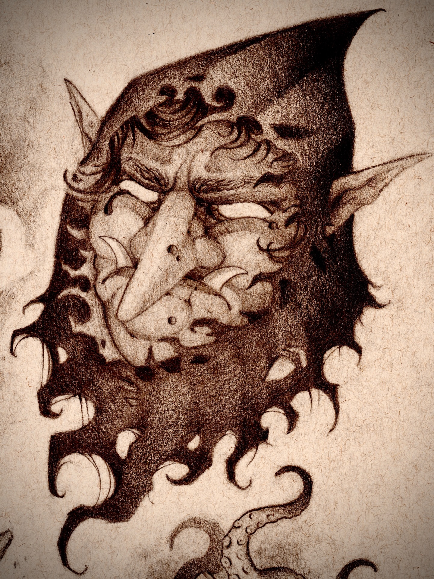 Demon face black and grey tattoo by Griffin Benson