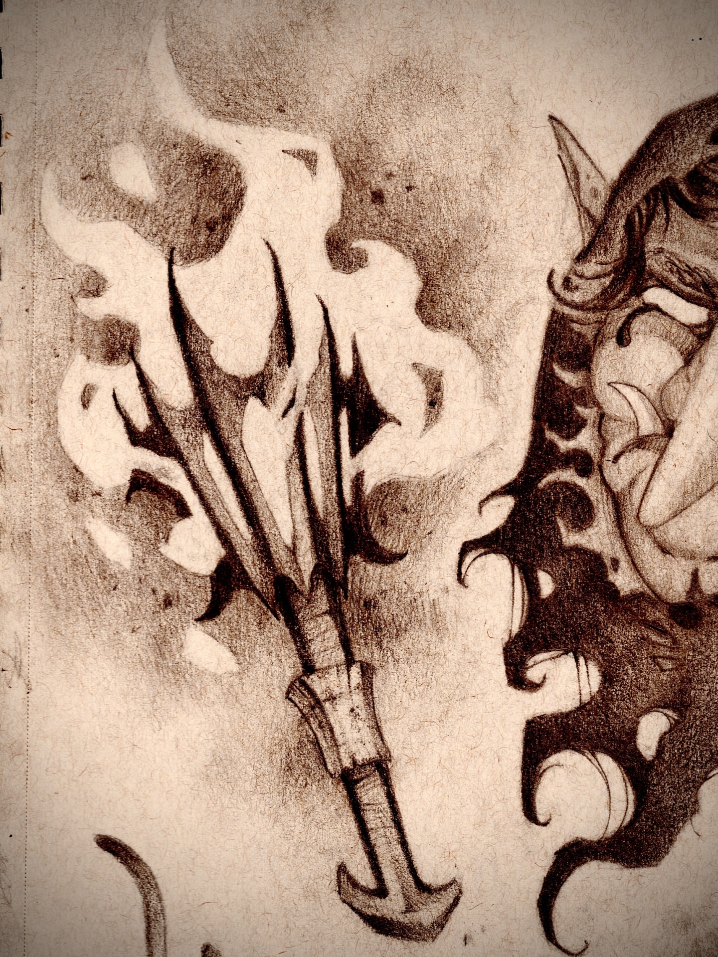 Flame and axe black and grey tattoo by Griffin Benson