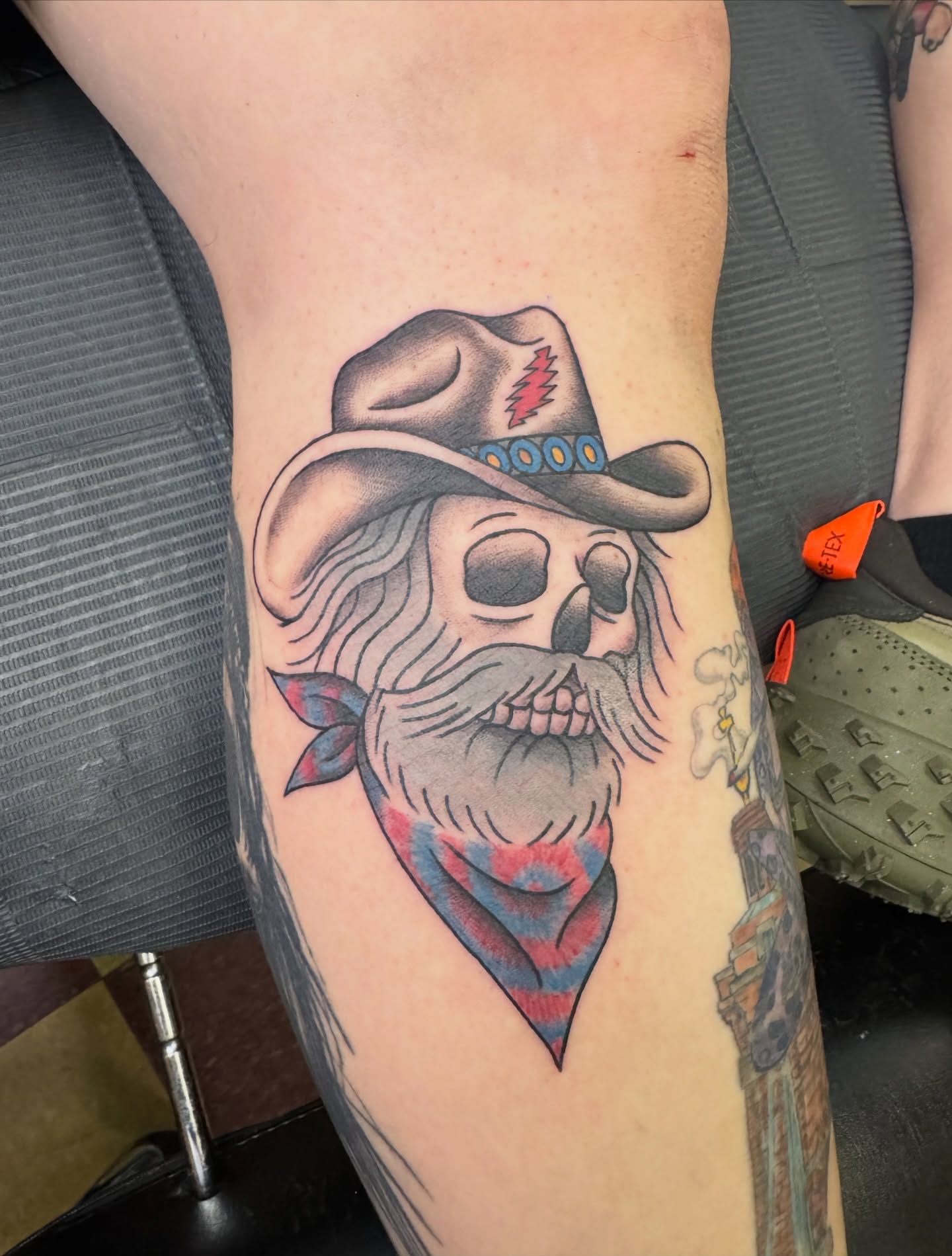 Cowboy skull American traditional tattoo on the forearm by Cora Phelps