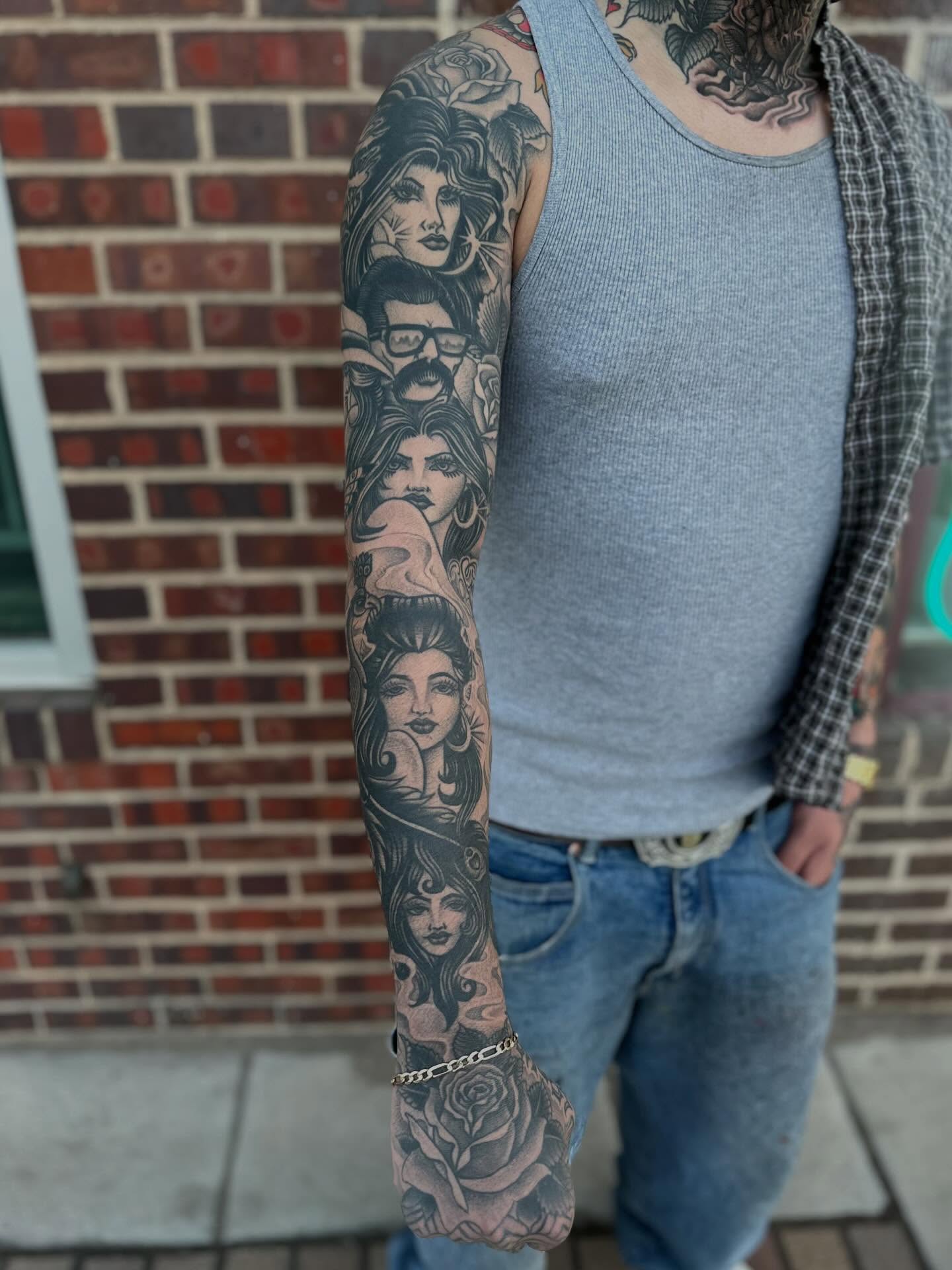 Female portraits American traditional tattoo on the forearm by Haley McMahon