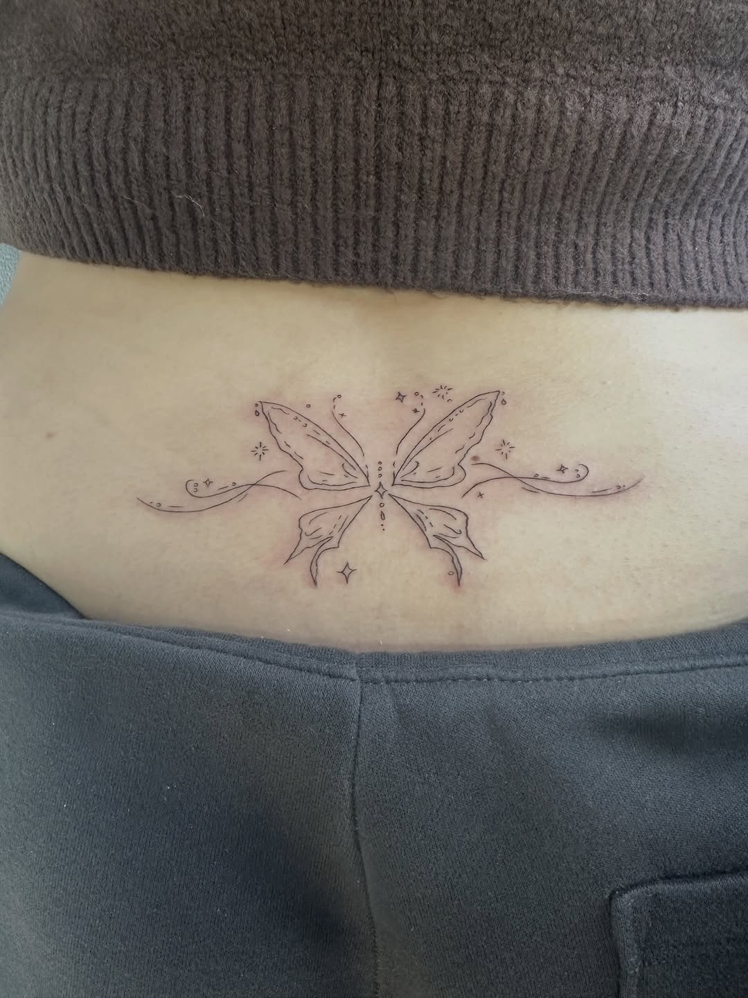 Fairy wings with swirls fine line tattoo on the torso by Cherry🥀