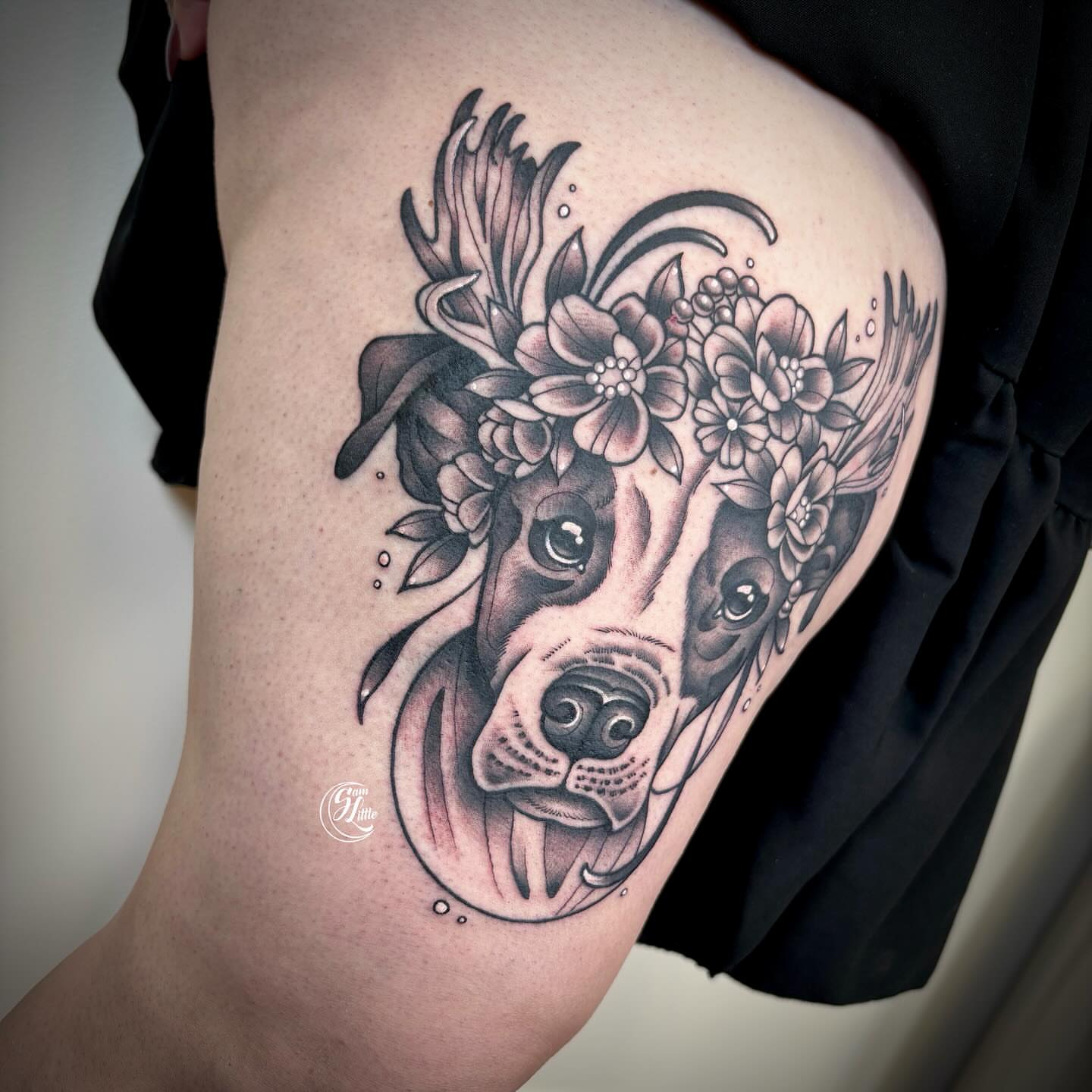 Dog with floral crown realism tattoo on the thigh by 𝓢𝓪𝓶 𝓛𝓲𝓽𝓽𝓵𝓮