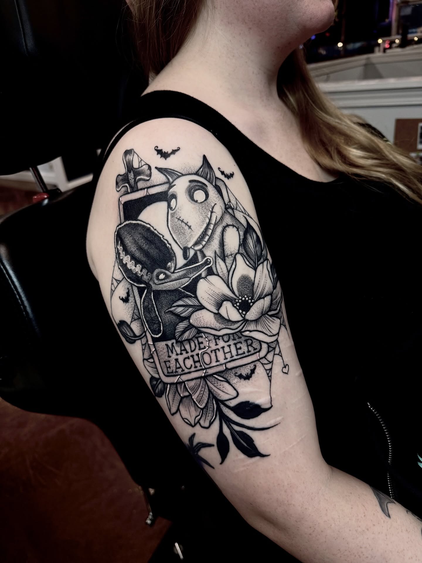 Nightmare before christmas characters dark realism tattoo on the forearm by ⚡️ Krissy Fabis ⚡️