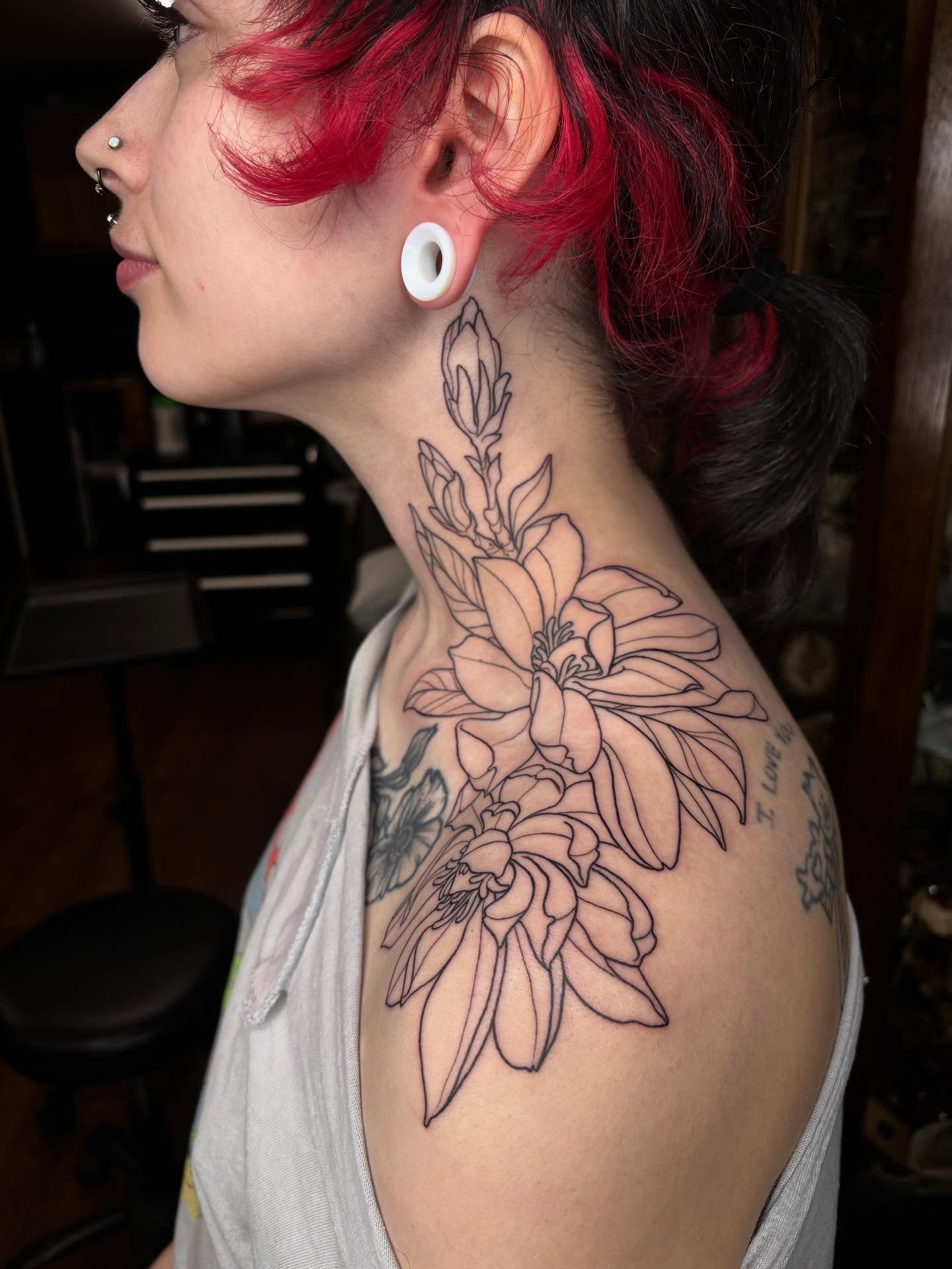 Floral arrangement black and grey tattoo on the shoulder by Wren Hollow, Portland, Oregon